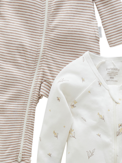 Purebaby Baby Cotton Floral & Stripe Zip Sleepsuit, Pack of 2, Vanilla Wattlebee - view 2, Vanilla Wattlebee