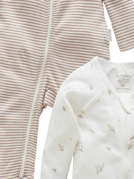 Purebaby Baby Cotton Floral & Stripe Zip Sleepsuit, Pack of 2, Vanilla Wattlebee - view 2, Vanilla Wattlebee