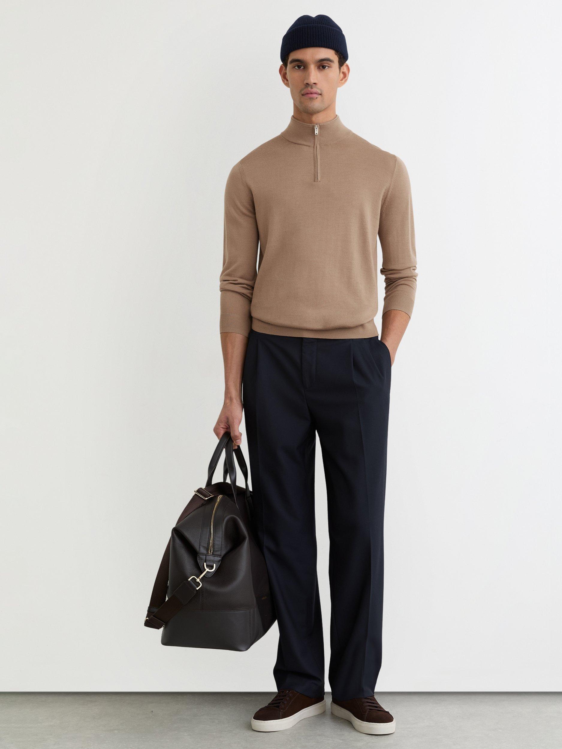 Product image 3 of 5, which shows Reiss Blackhall Merino Wool Half Zip Jumper, Camel Brown, XS