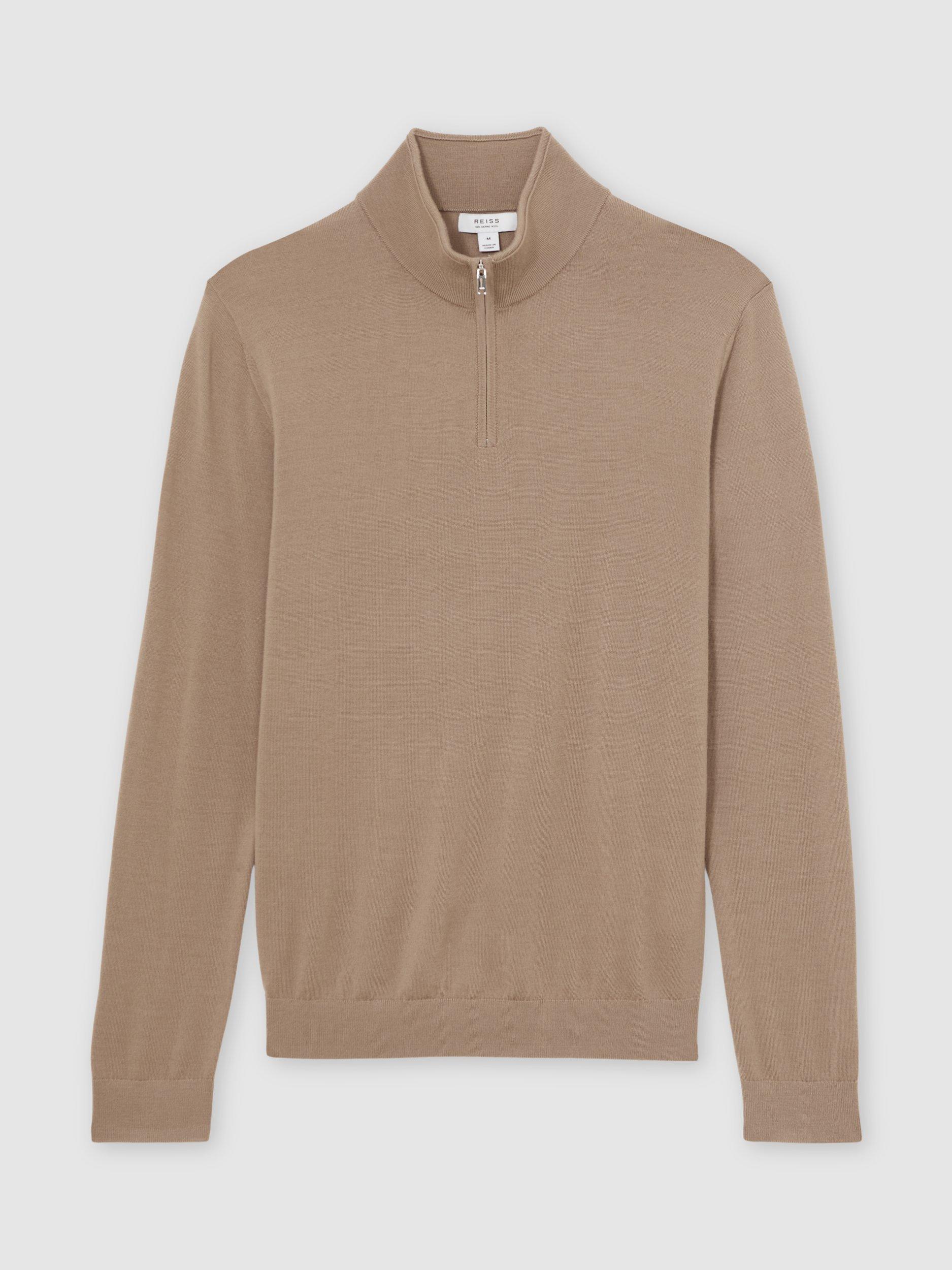 Product image 4 of 5, which shows Reiss Blackhall Merino Wool Half Zip Jumper, Camel Brown, XS