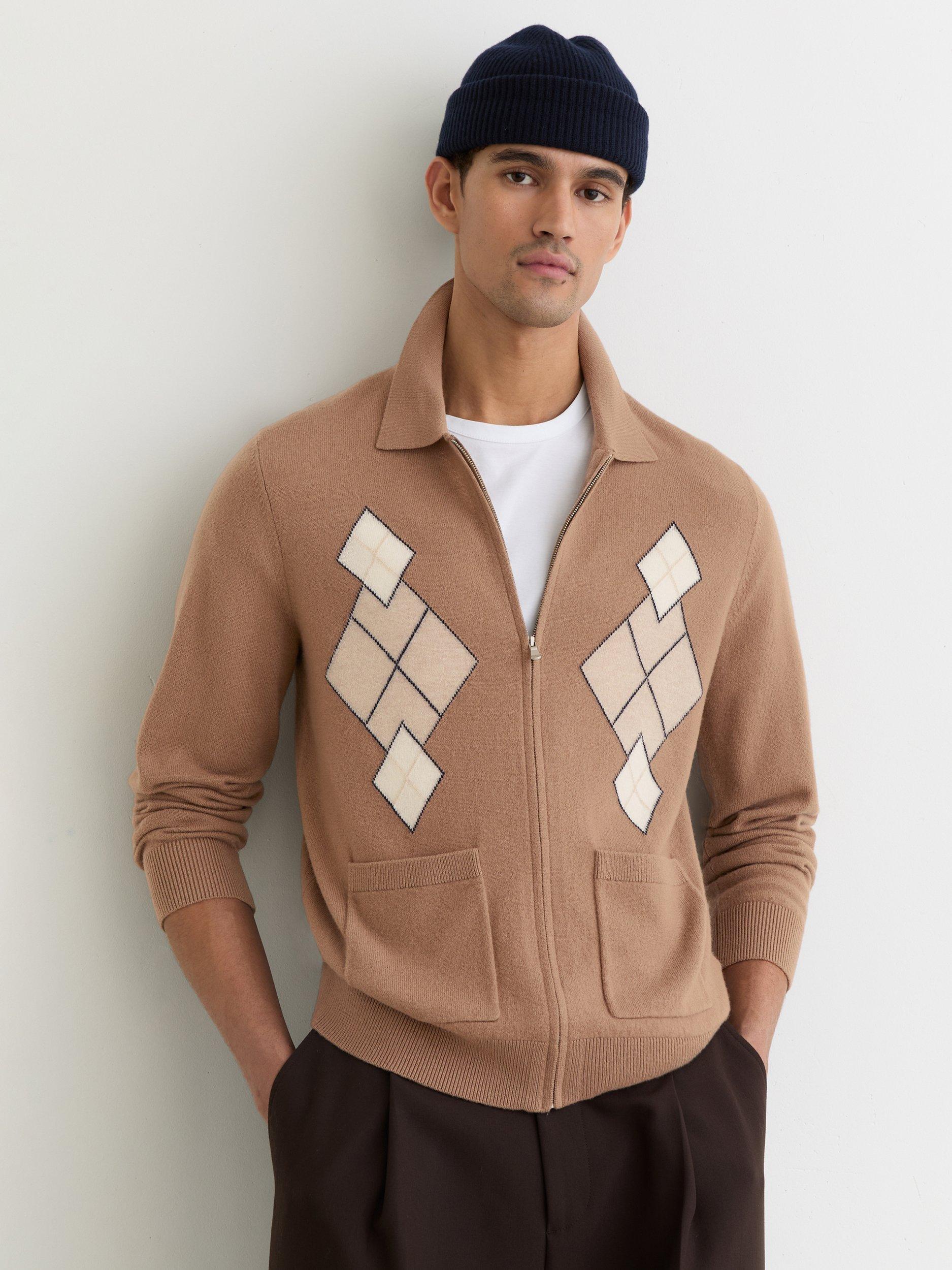 Reiss Sweep Wool Zip Up Argyle Cardigan, Camel Brown