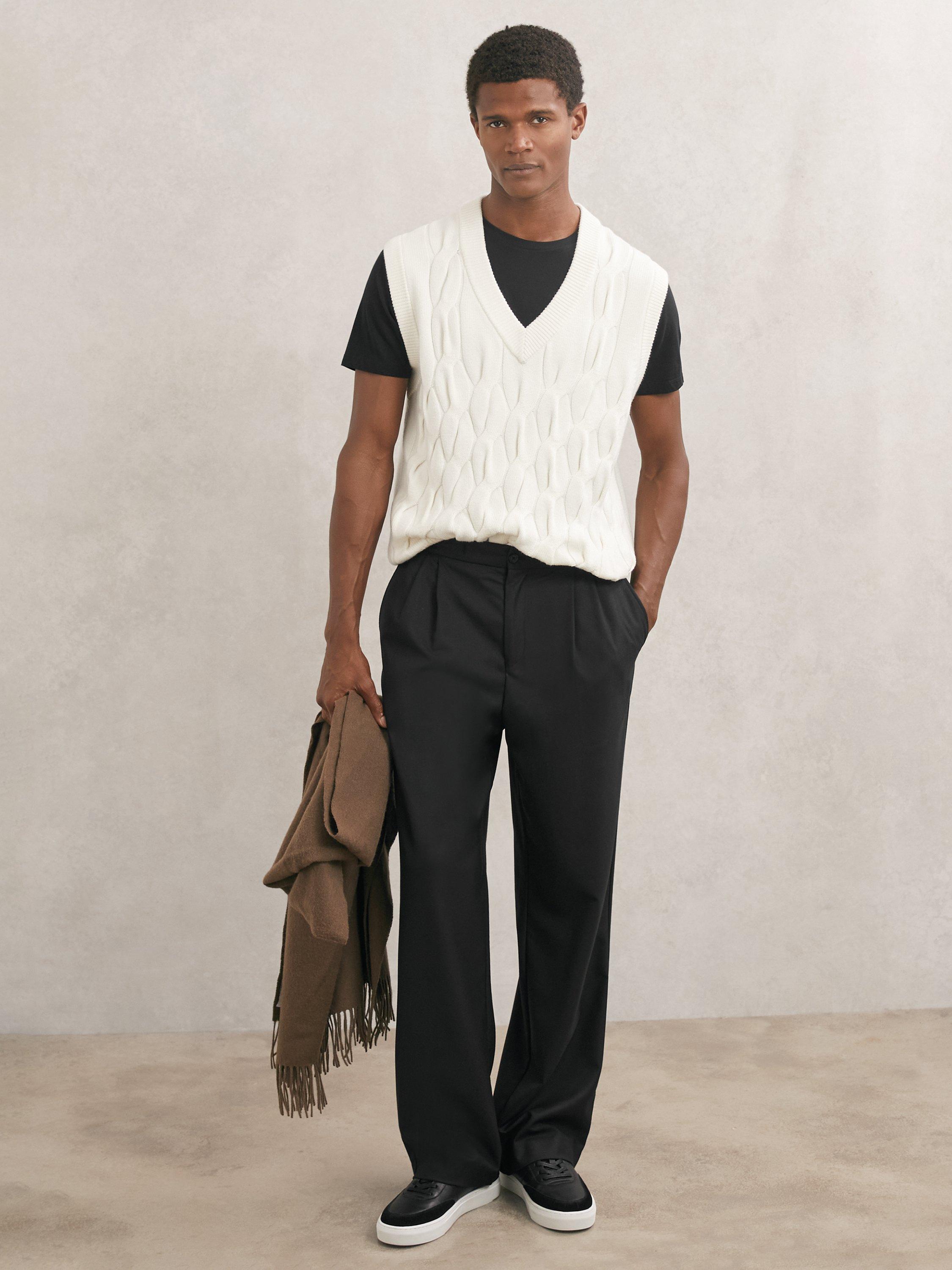 Product image 1 of 5, which shows Reiss Cable Knit V-Neck Wool Blend Vest, Winter White, S