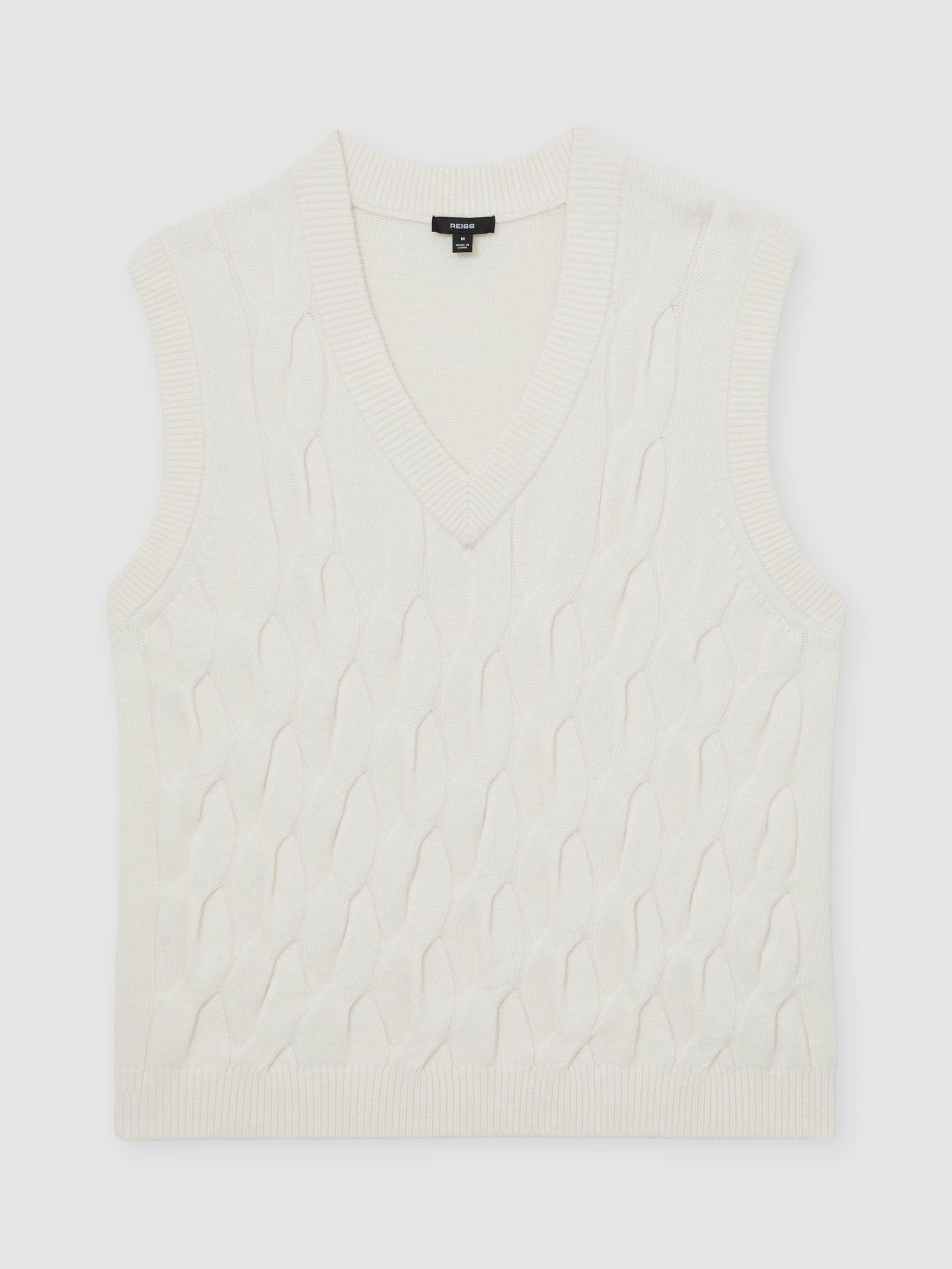 Product image 3 of 5, which shows Reiss Cable Knit V-Neck Wool Blend Vest, Winter White, S