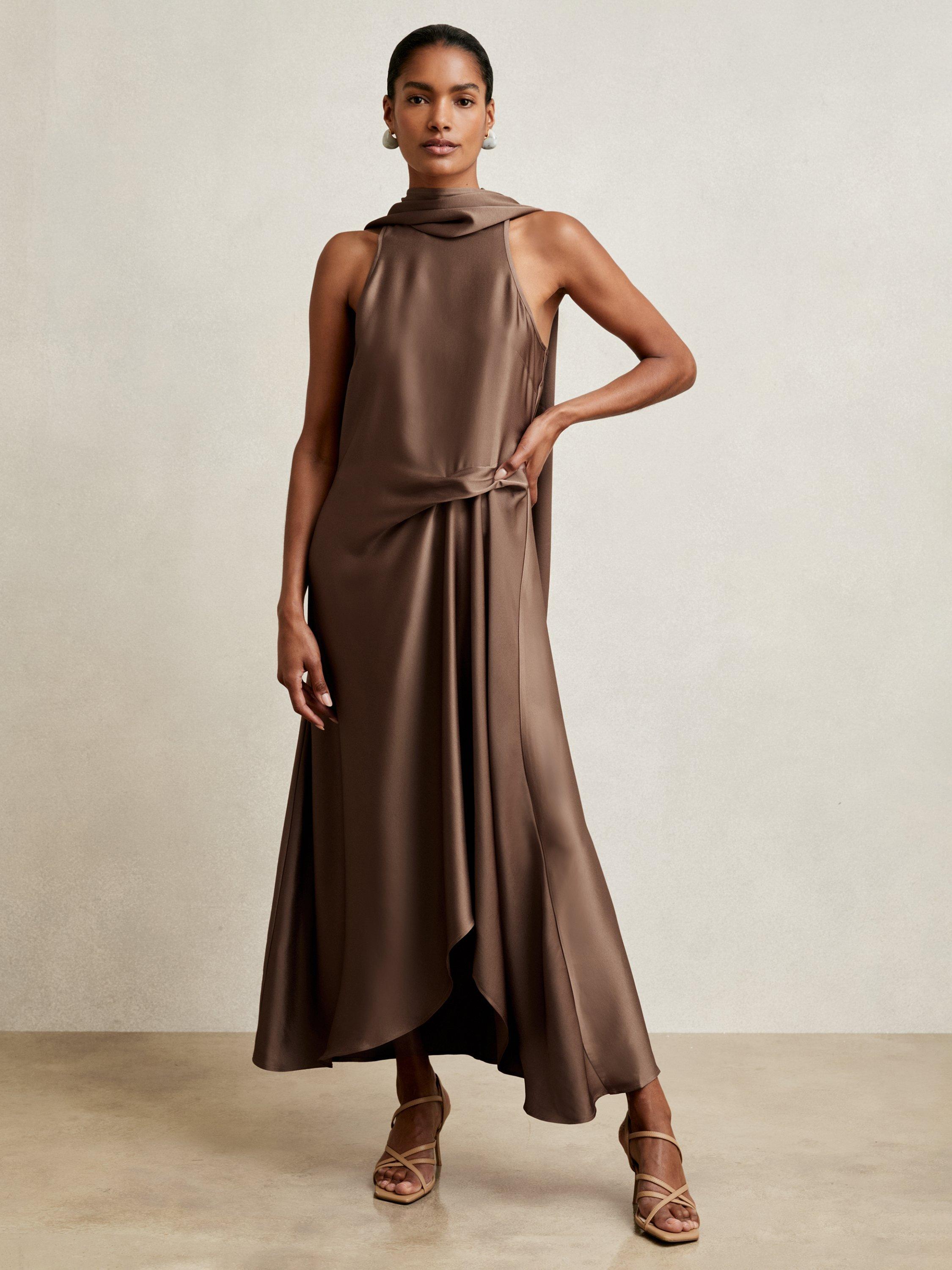 Product image 1 of 4, which shows Reiss Michelle Drape Midi Dress, Taupe Brown, 6