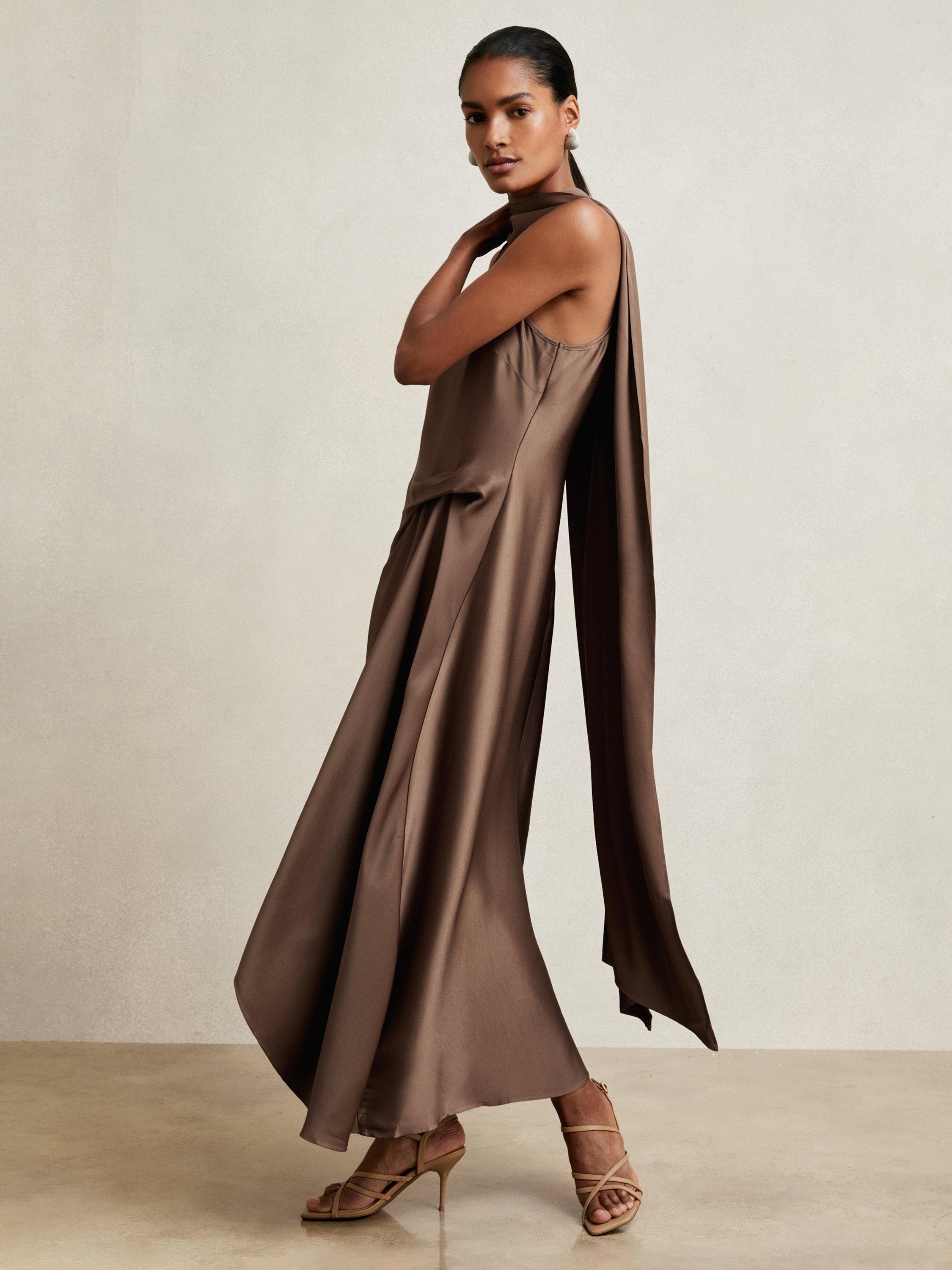 Product image 3 of 4, which shows Reiss Michelle Drape Midi Dress, Taupe Brown, 6