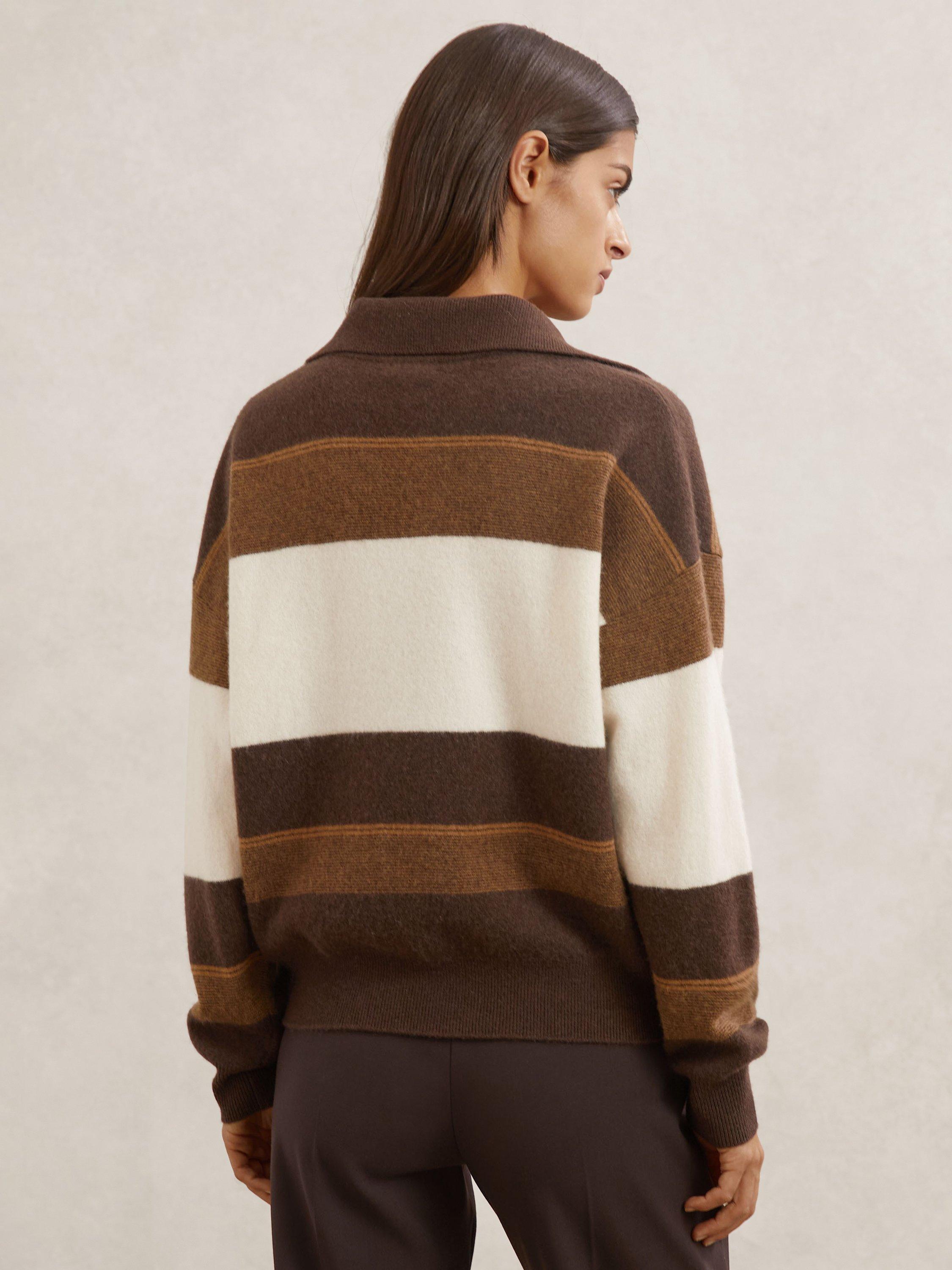 Product image 2 of 5, which shows Reiss Simmy Wool Blend Striped Jumper, Chocolate/Cream, S