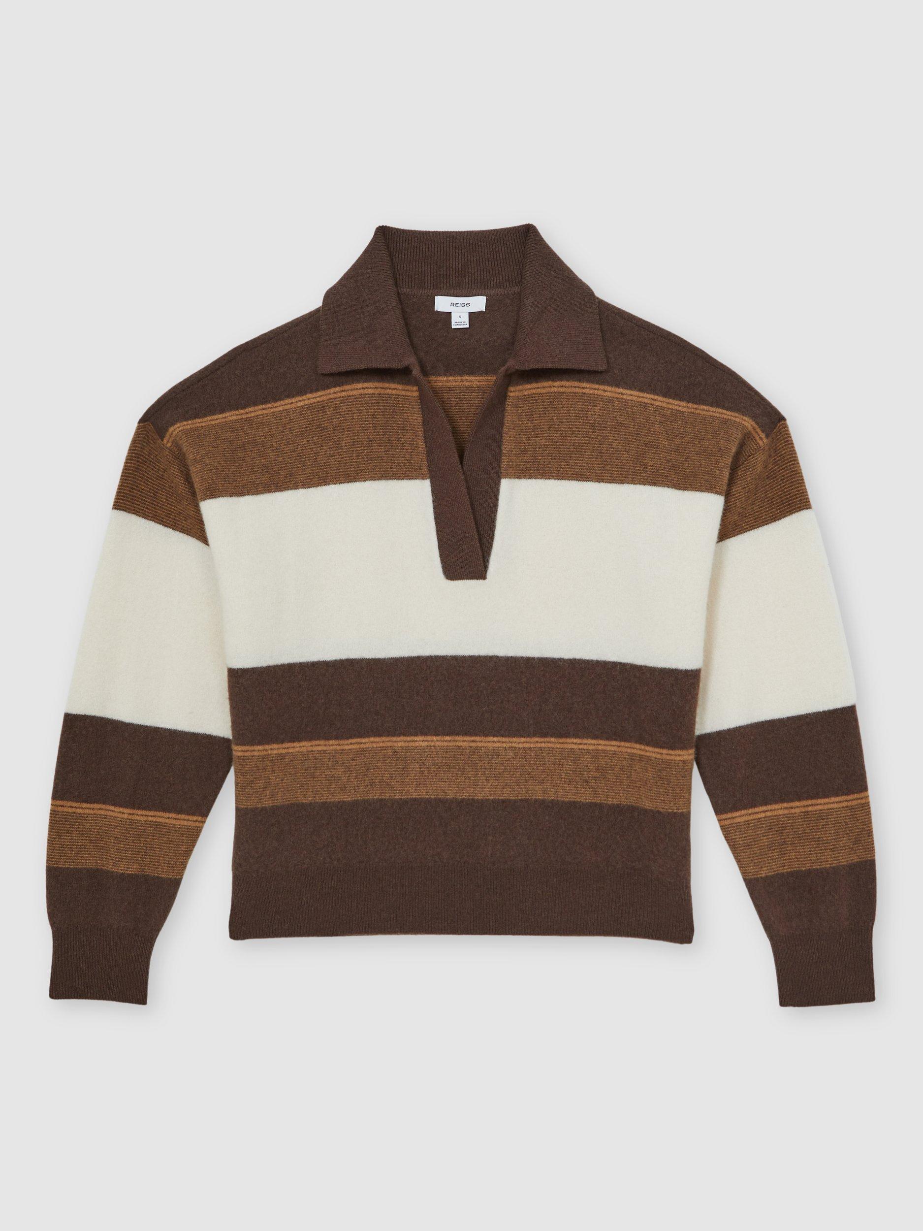 Product image 3 of 5, which shows Reiss Simmy Wool Blend Striped Jumper, Chocolate/Cream, S
