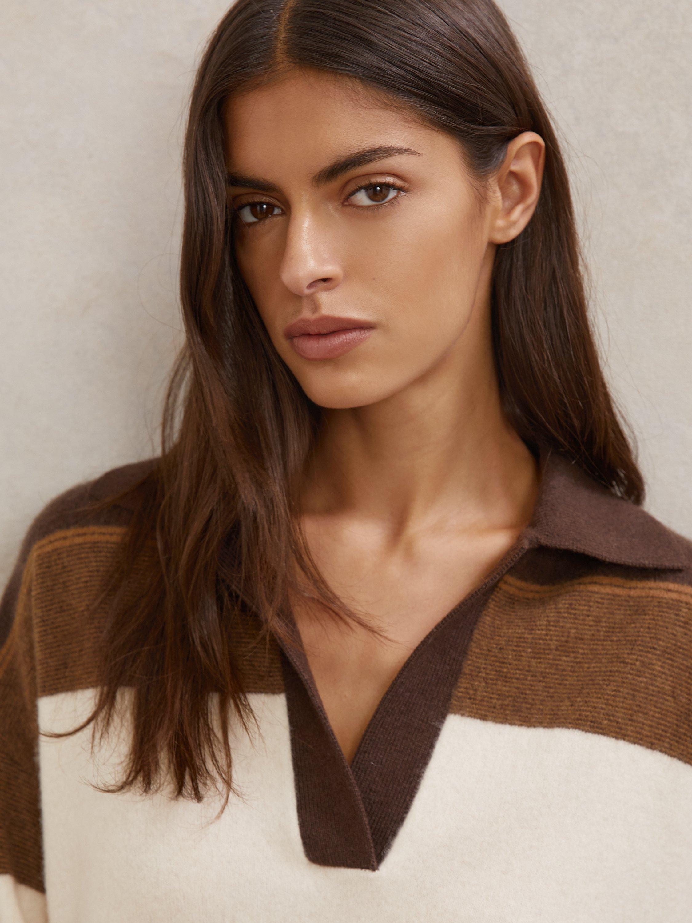 Product image 4 of 5, which shows Reiss Simmy Wool Blend Striped Jumper, Chocolate/Cream, S