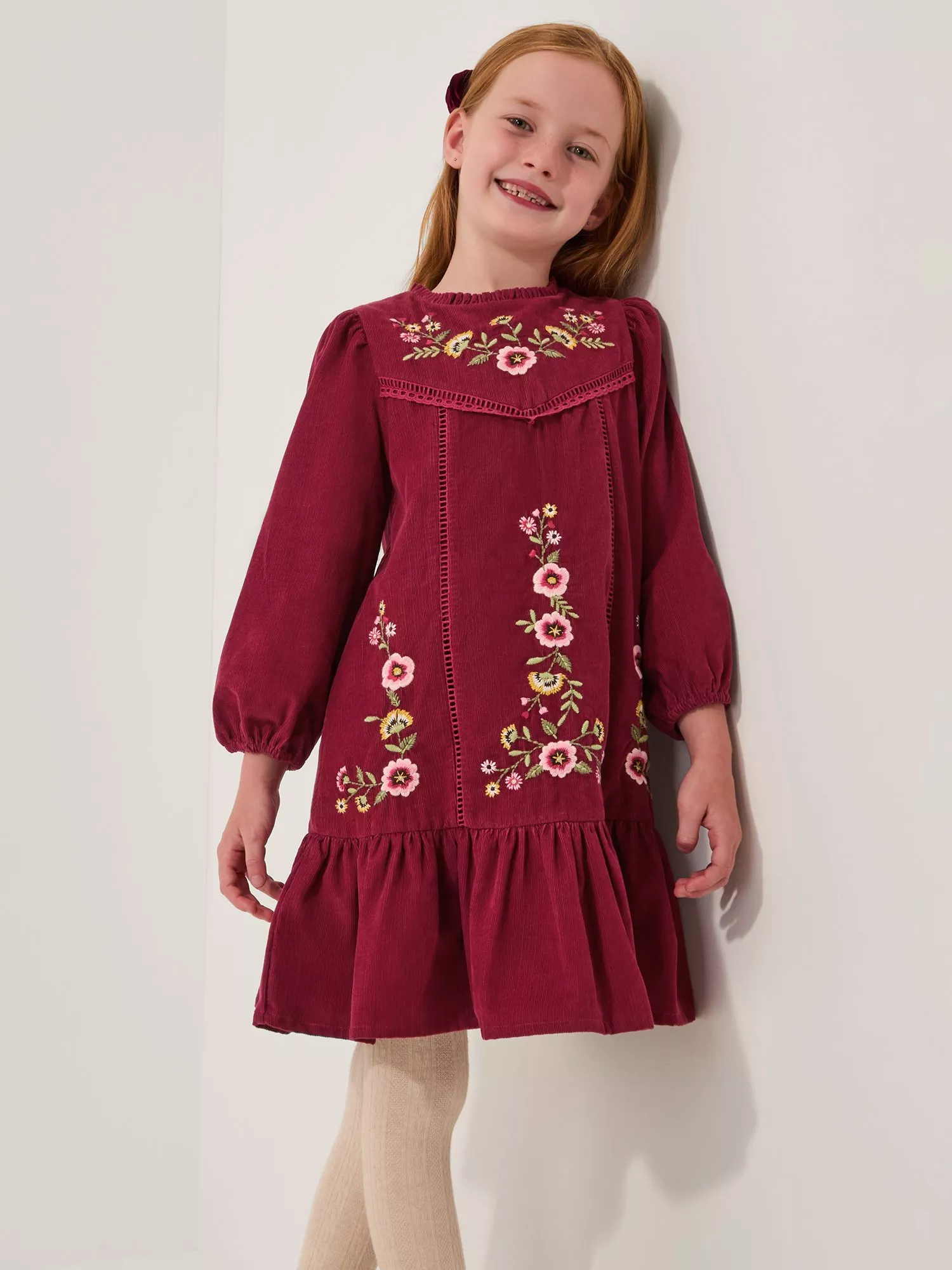 Monsoon Kids' Embroidered Corduroy Tunic Dress, Magenta