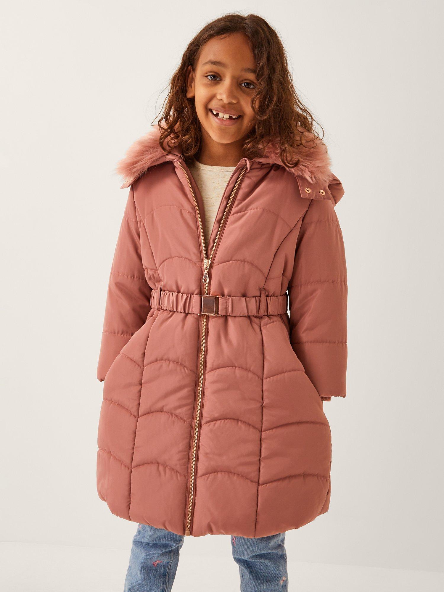 Product image 1 of 4, which shows Monsoon Kids' Belted Scallop Puffer Coat, Pink, 3-4 years