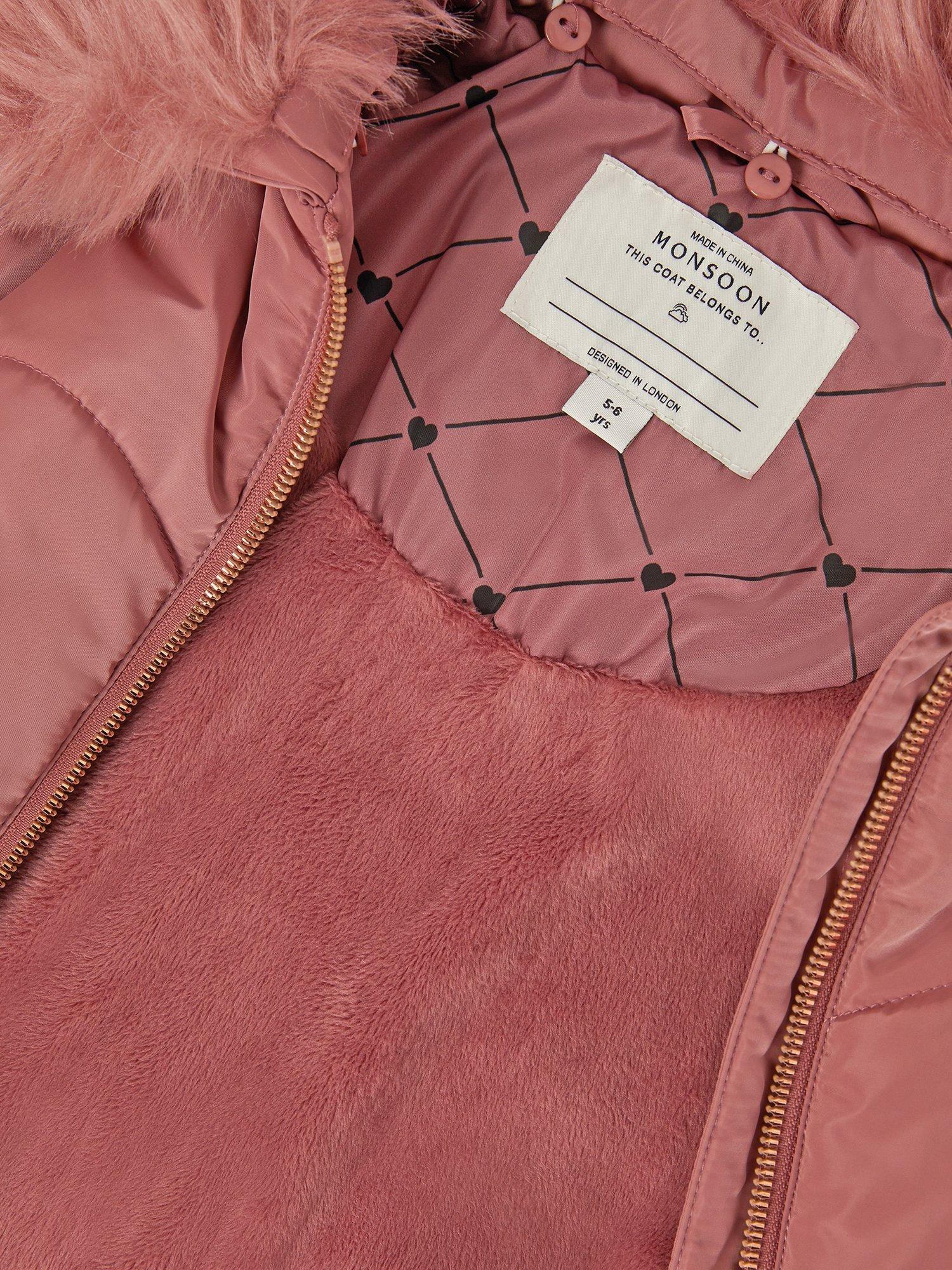 Product image 2 of 4, which shows Monsoon Kids' Belted Scallop Puffer Coat, Pink, 3-4 years
