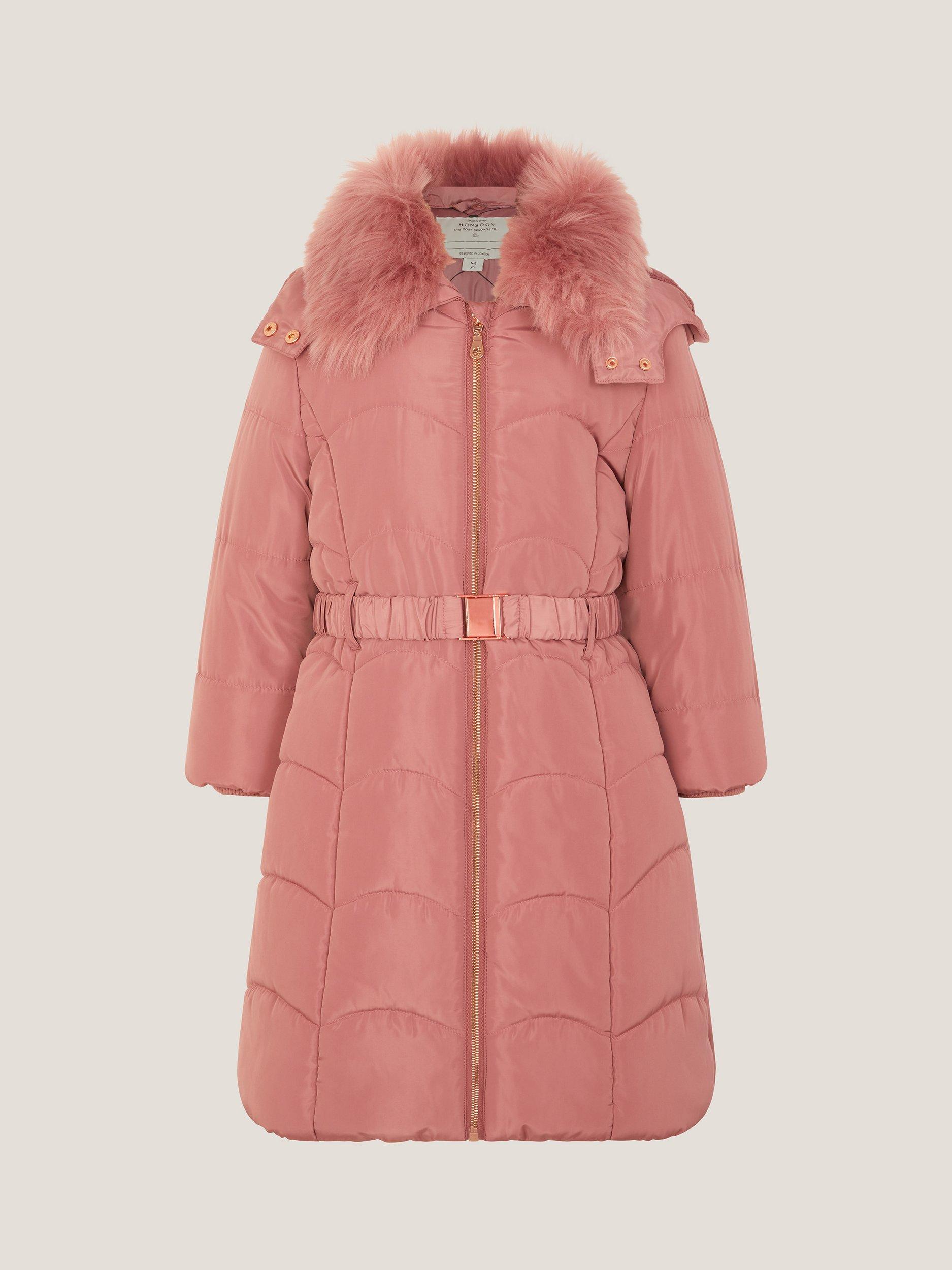 Product image 3 of 4, which shows Monsoon Kids' Belted Scallop Puffer Coat, Pink, 3-4 years