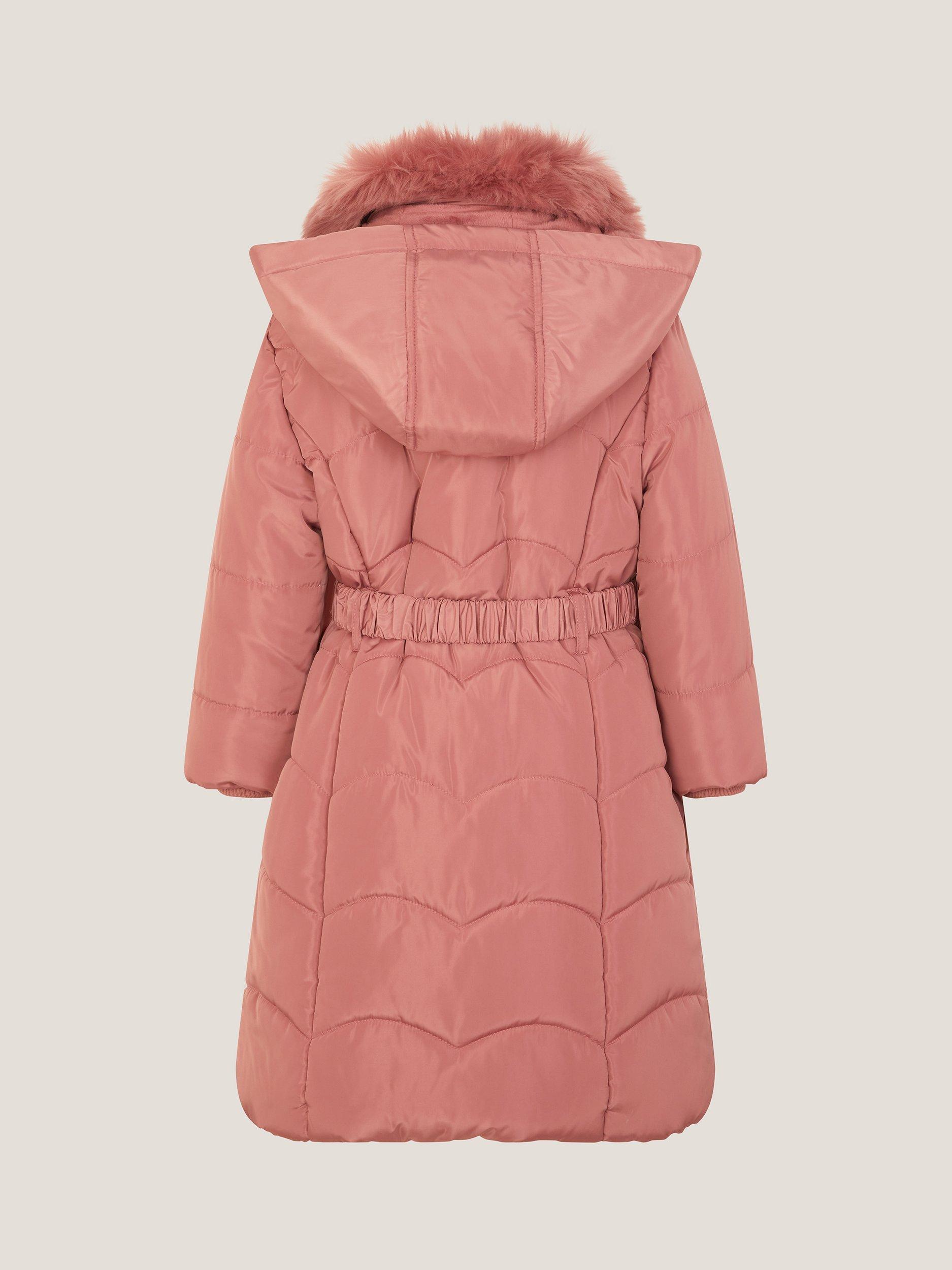 Product image 4 of 4, which shows Monsoon Kids' Belted Scallop Puffer Coat, Pink, 3-4 years