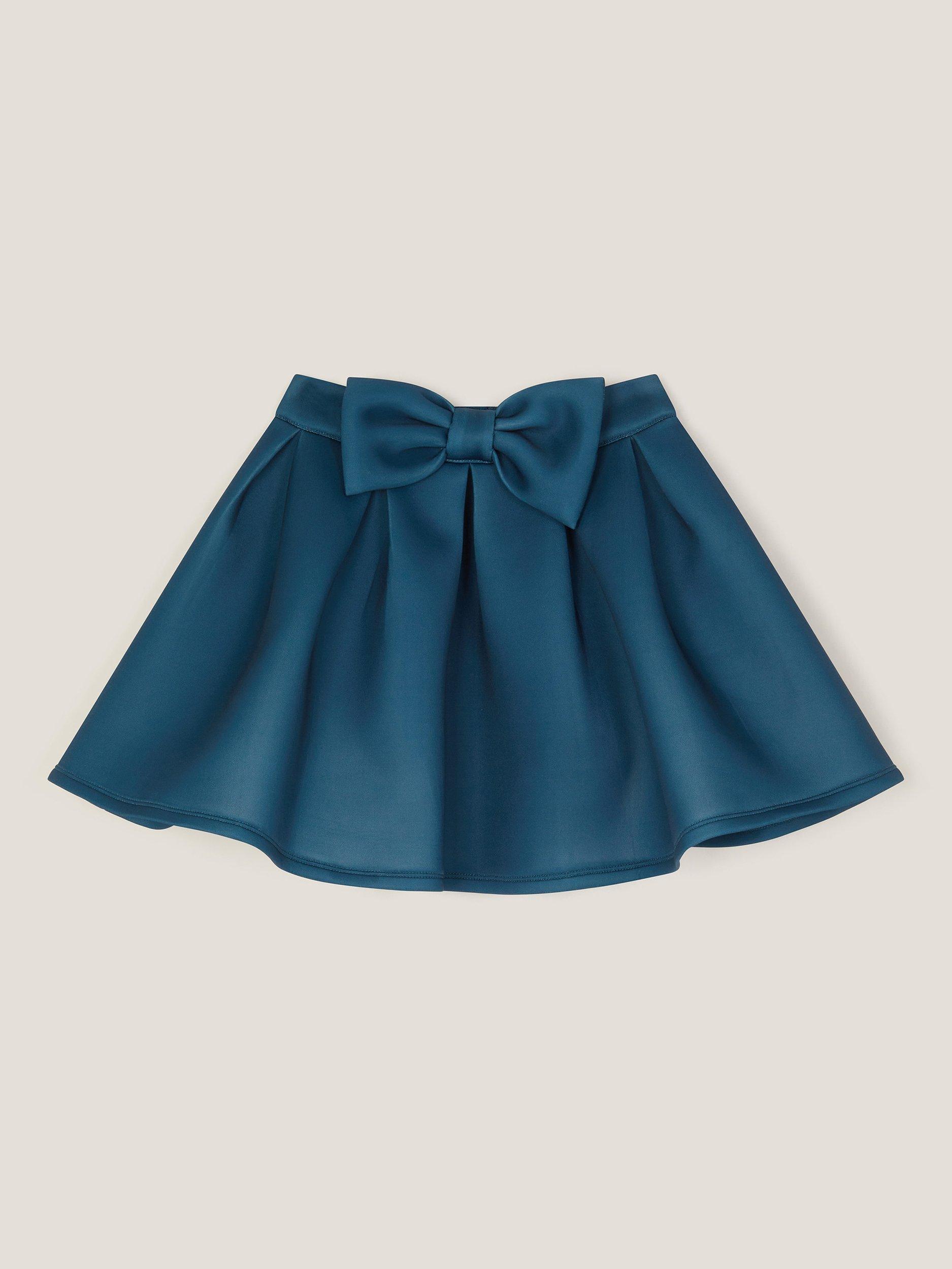 Product image 3 of 4, which shows Monsoon Kids' Bow Pleat Mini Skirt, Teal, 7-8 years