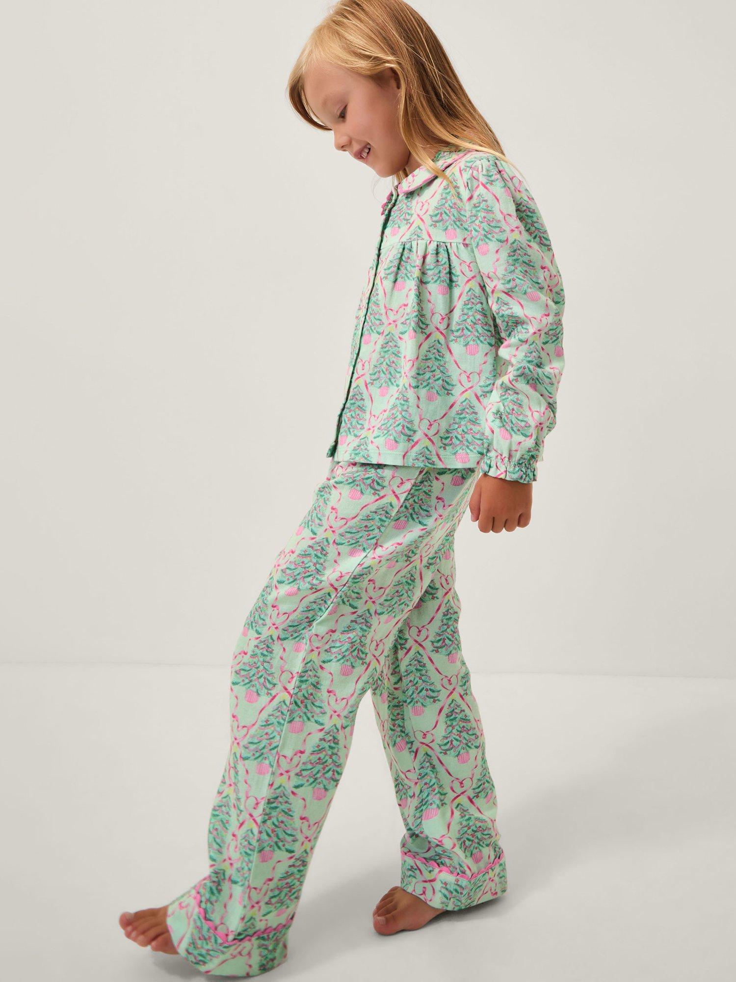 Product image 1 of 5, which shows Monsoon Kids' Christmas Tree Print Long Sleeve Pyjamas Set, Green, 3-4 years