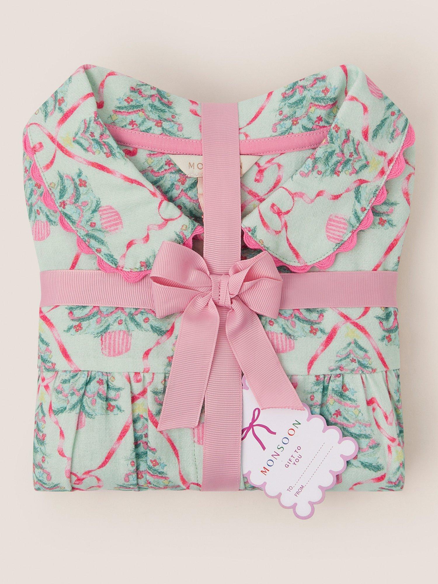 Product image 2 of 5, which shows Monsoon Kids' Christmas Tree Print Long Sleeve Pyjamas Set, Green, 3-4 years