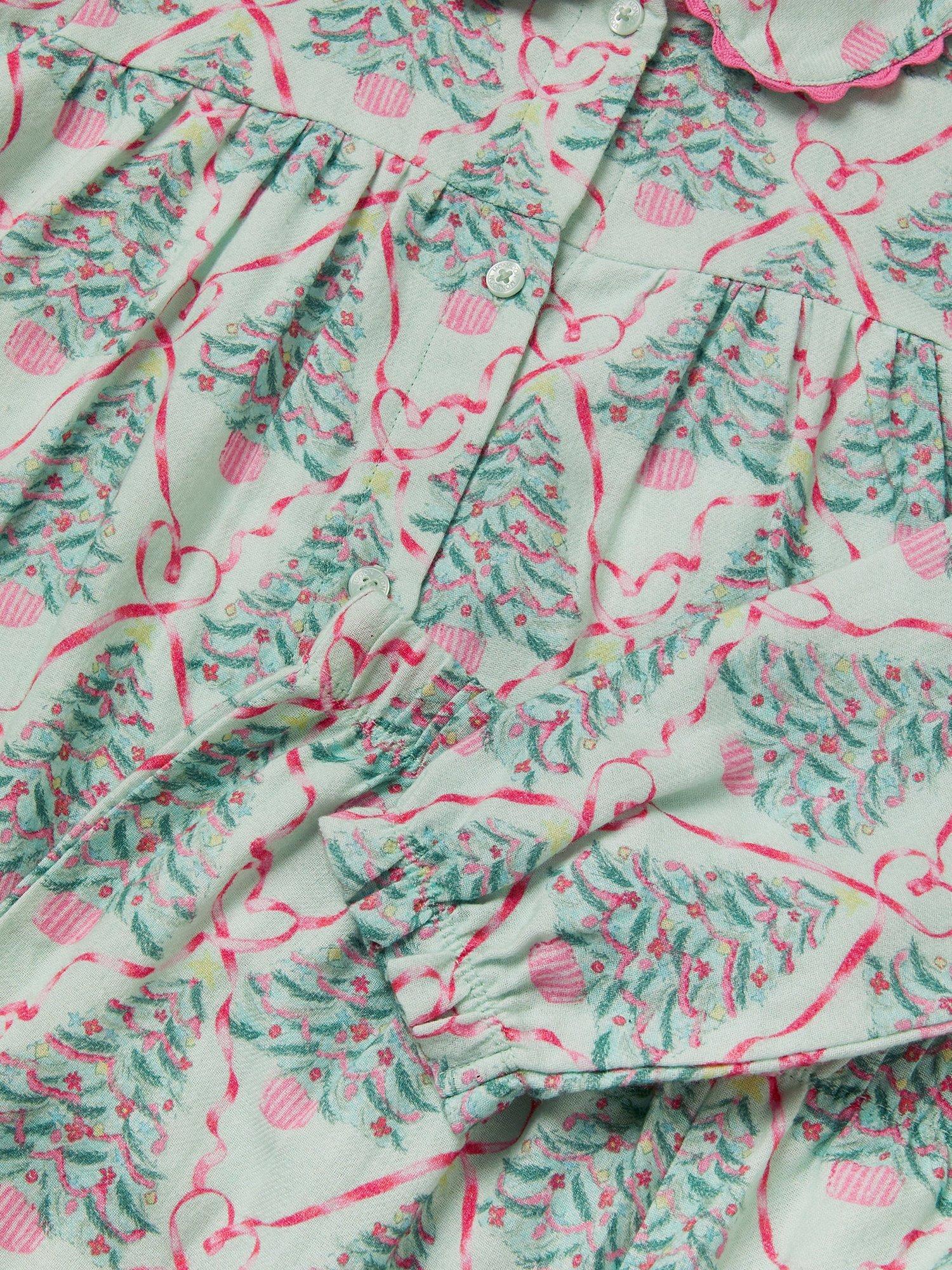 Product image 3 of 5, which shows Monsoon Kids' Christmas Tree Print Long Sleeve Pyjamas Set, Green, 3-4 years