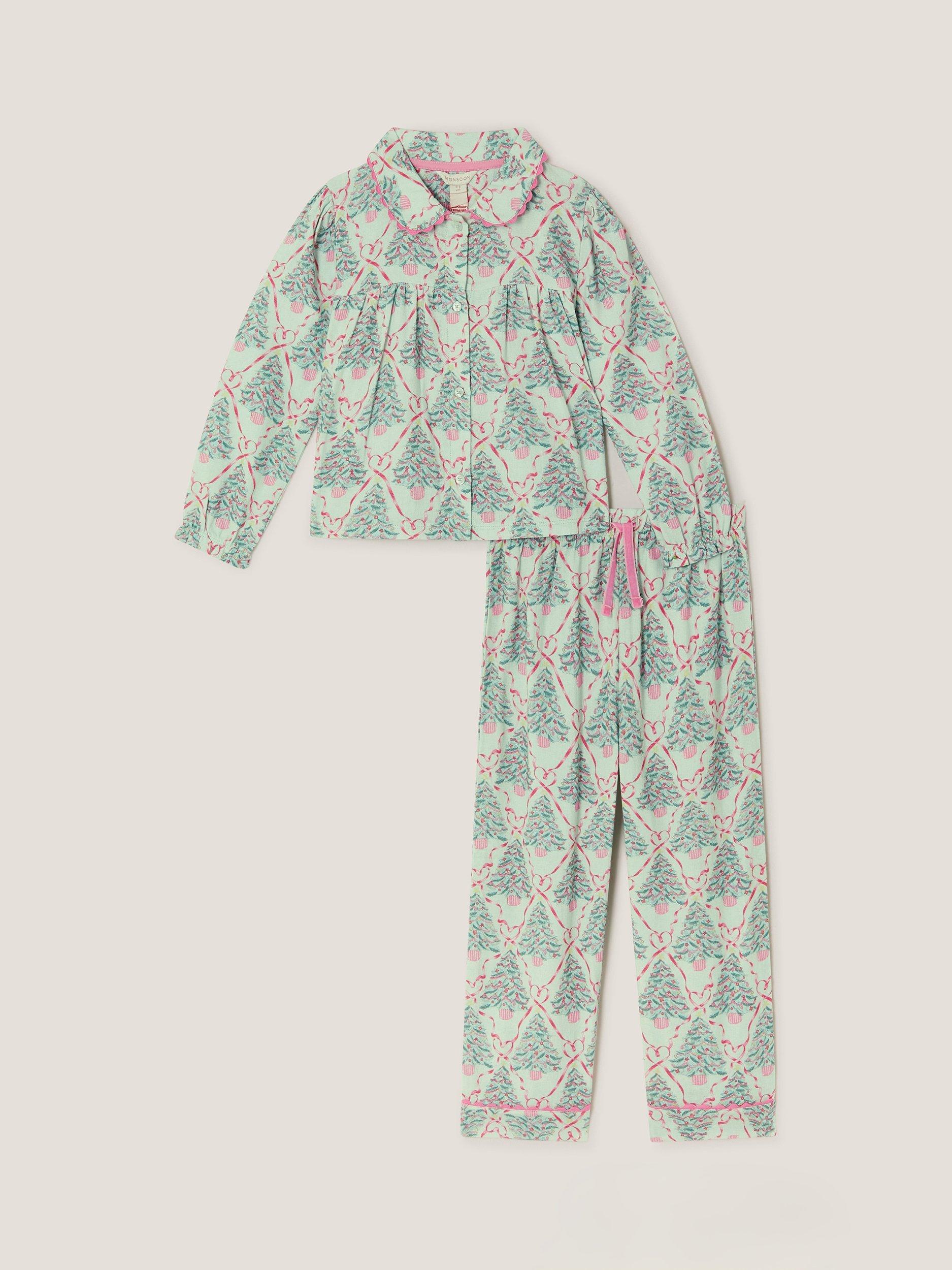 Product image 4 of 5, which shows Monsoon Kids' Christmas Tree Print Long Sleeve Pyjamas Set, Green, 3-4 years
