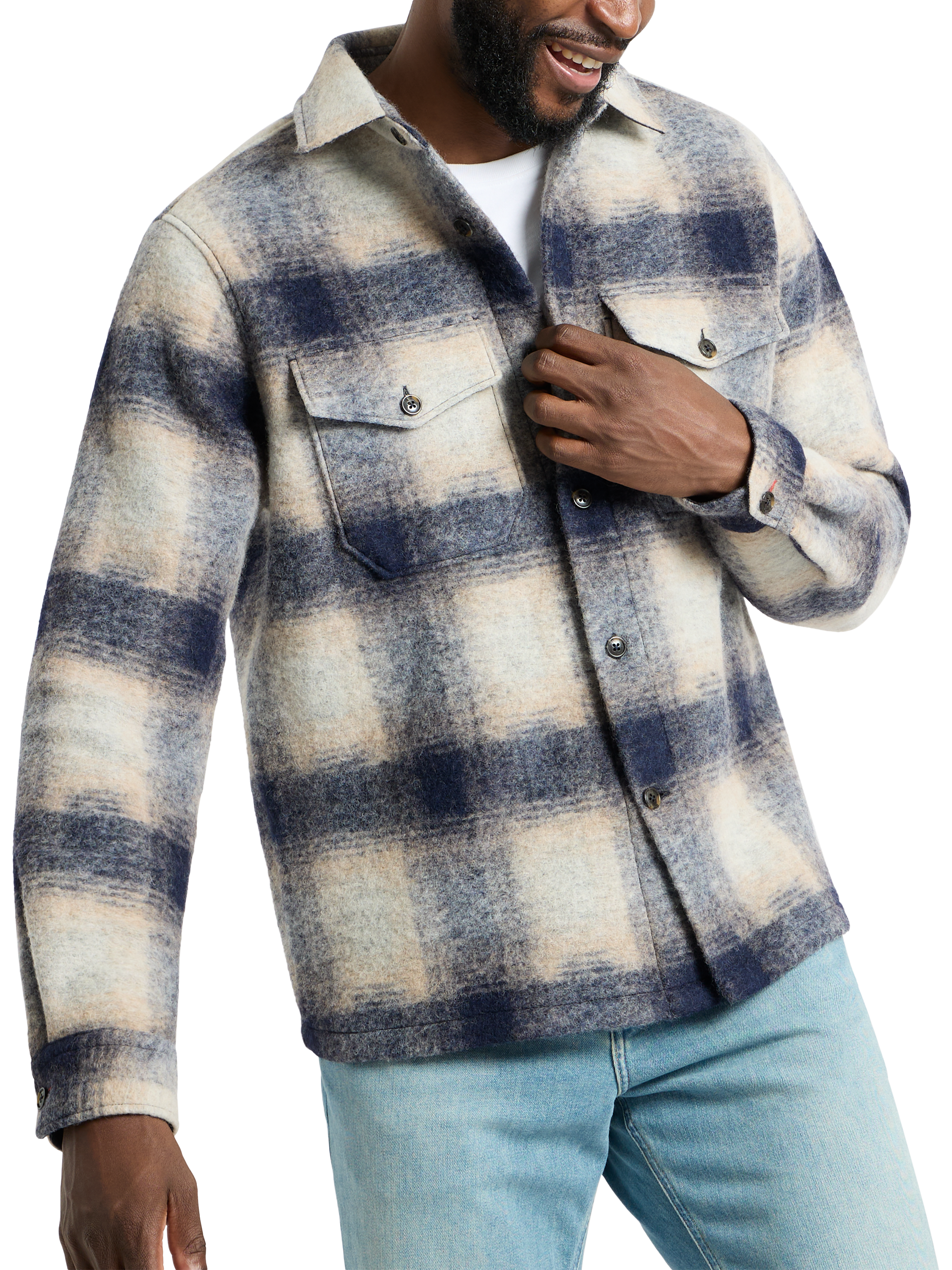 Product image 1 of 9, which shows SPOKE Wool Blend Slim Fit Check Overshirt, Navy Check, S Sht