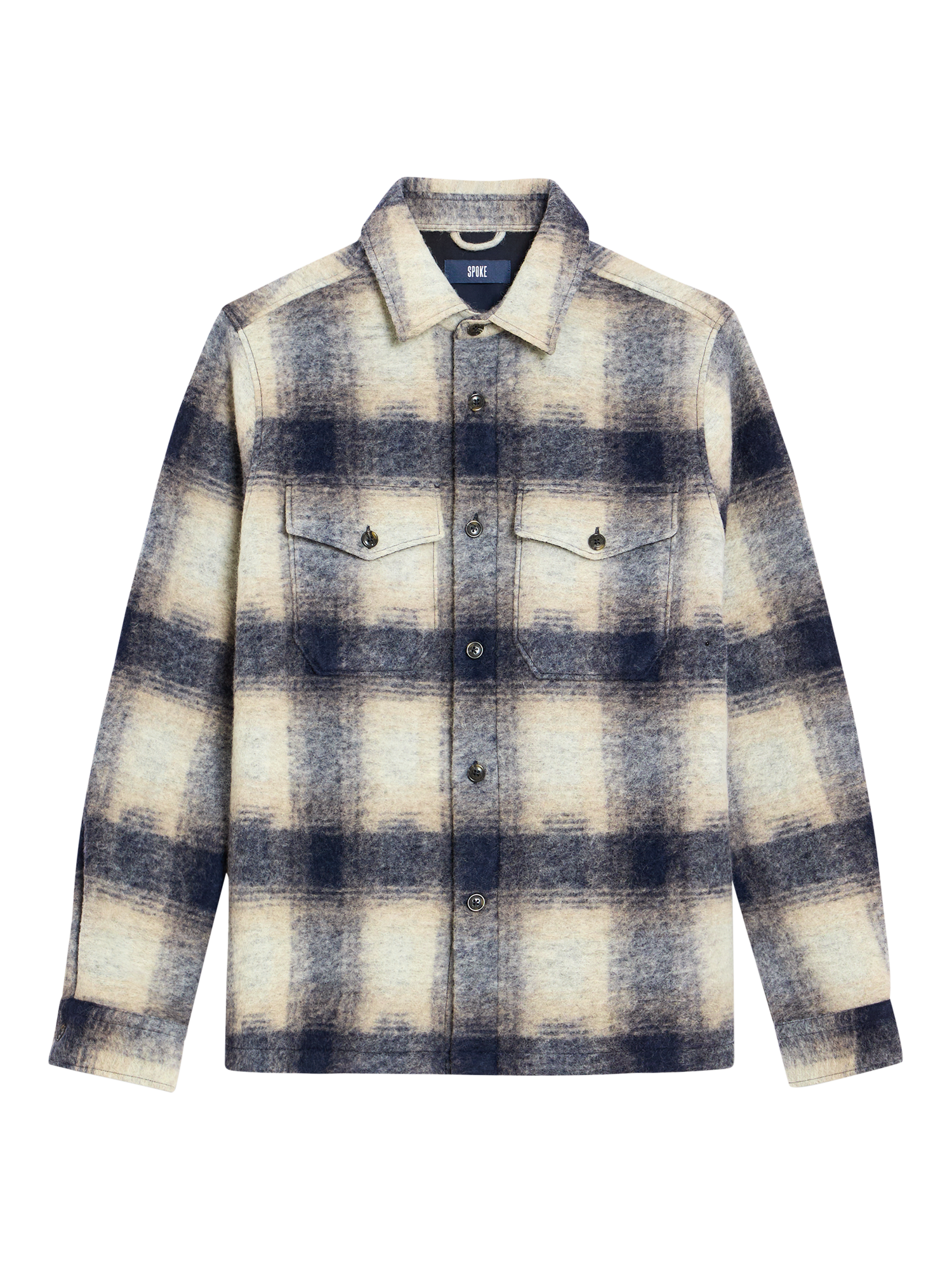 Product image 4 of 9, which shows SPOKE Wool Blend Slim Fit Check Overshirt, Navy Check, S Sht