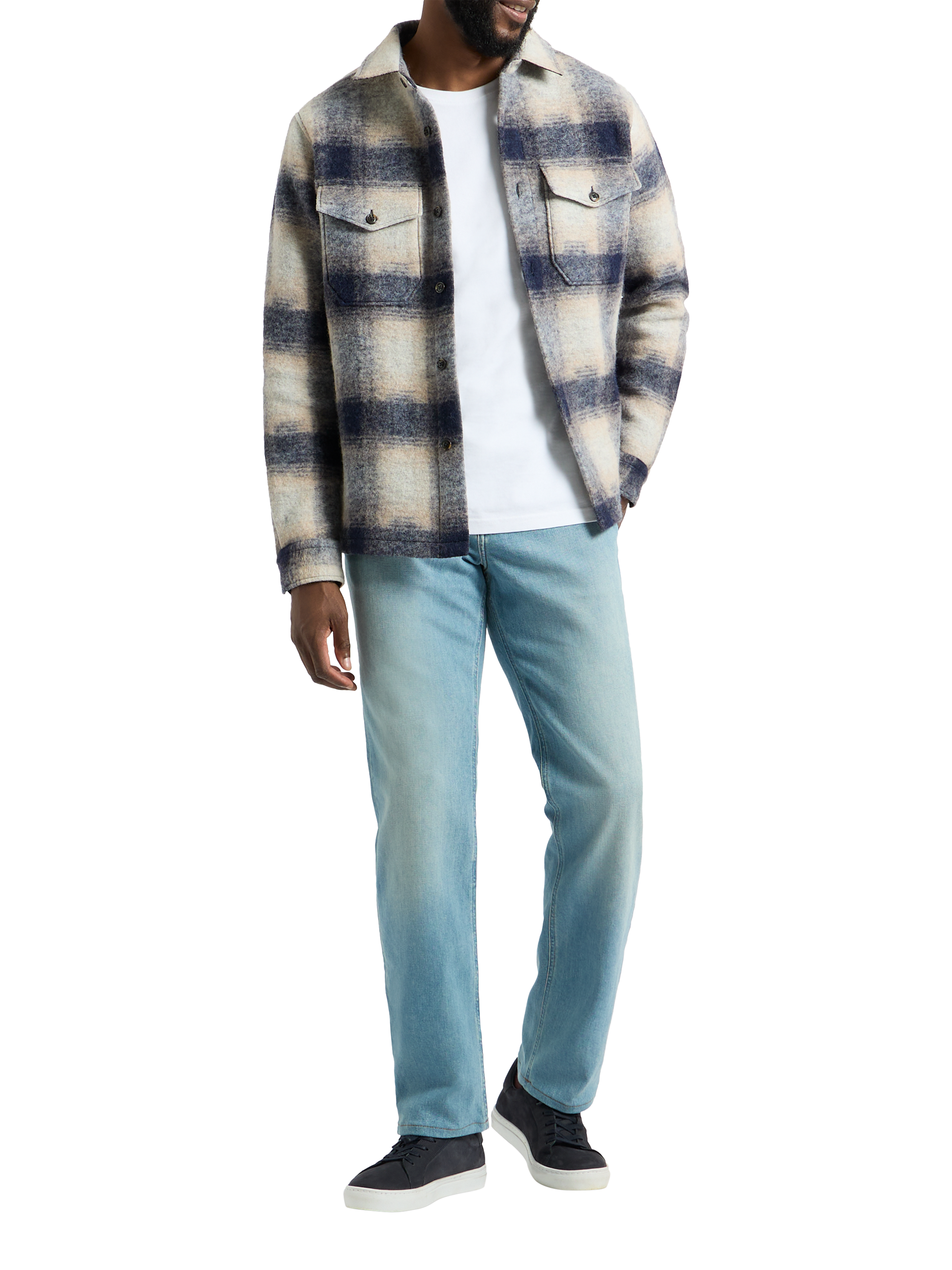 Product image 5 of 9, which shows SPOKE Wool Blend Slim Fit Check Overshirt, Navy Check, S Sht