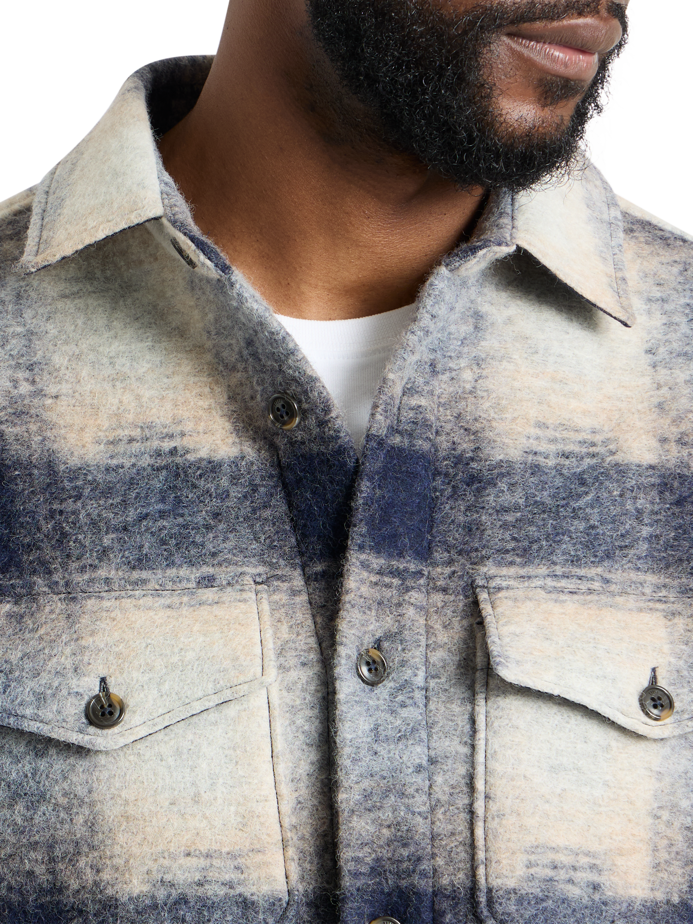 Product image 6 of 9, which shows SPOKE Wool Blend Slim Fit Check Overshirt, Navy Check, S Sht