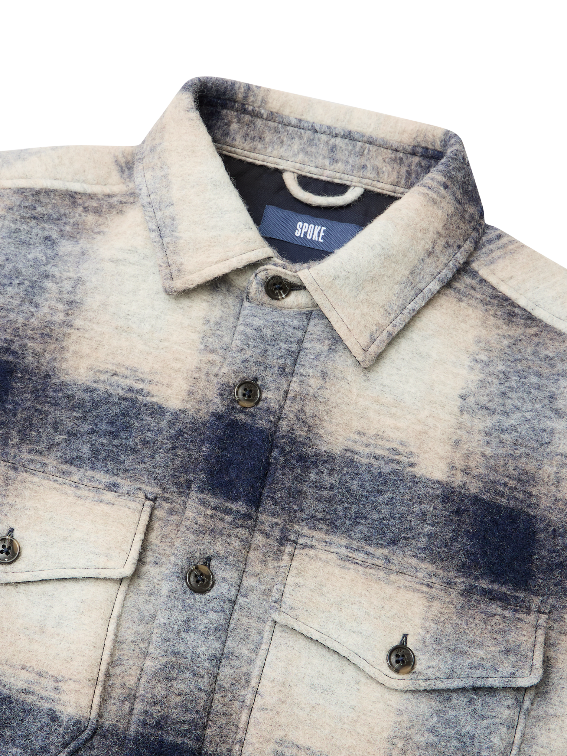 Product image 8 of 9, which shows SPOKE Wool Blend Slim Fit Check Overshirt, Navy Check, S Sht