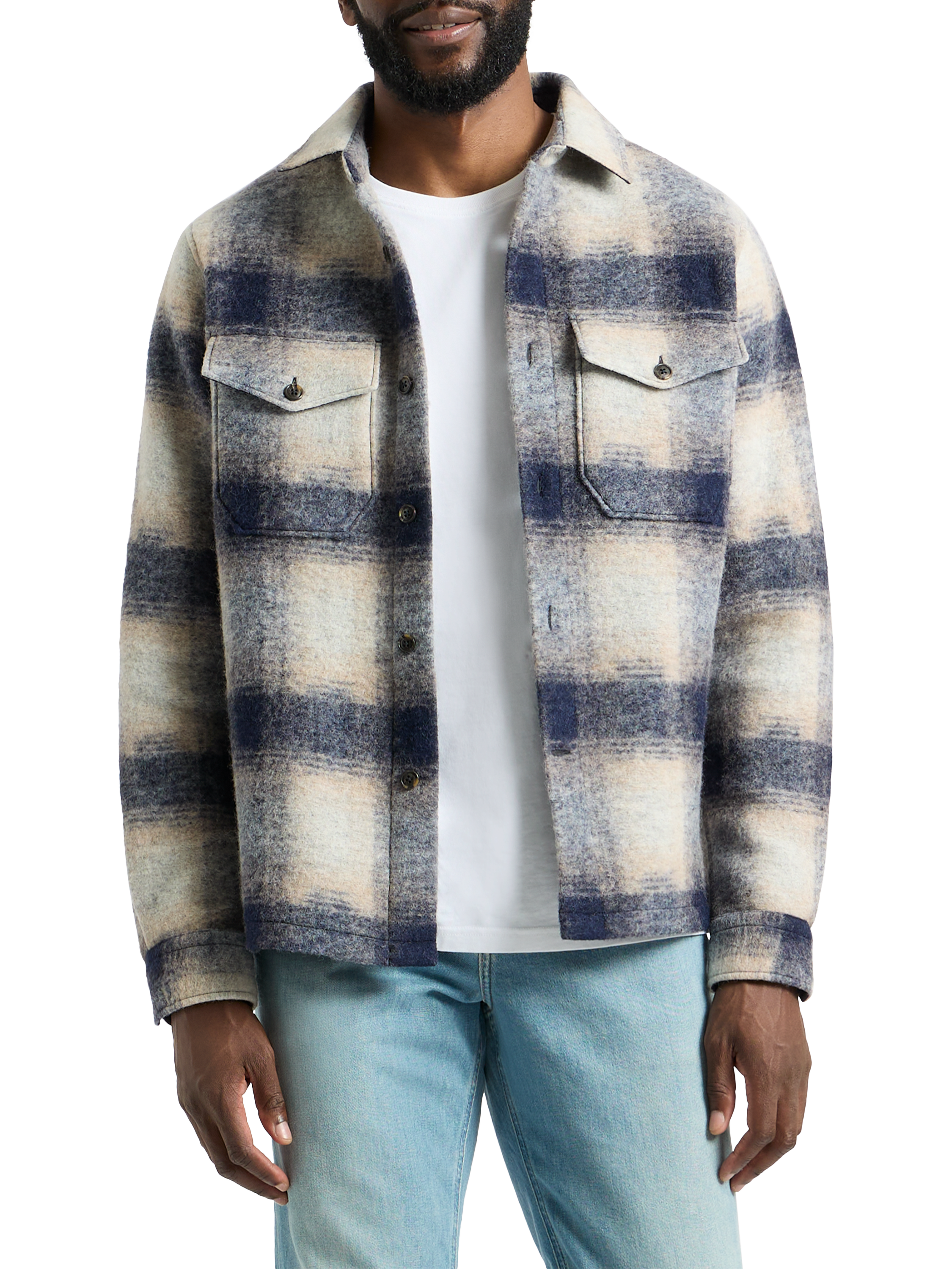 Product image 1 of 9, which shows SPOKE Wool Blend Straight Fit Check Overshirt, Navy Check, S Reg