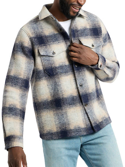 SPOKE Wool Blend Straight Fit Check Overshirt, Navy Check - view 2, Navy Check