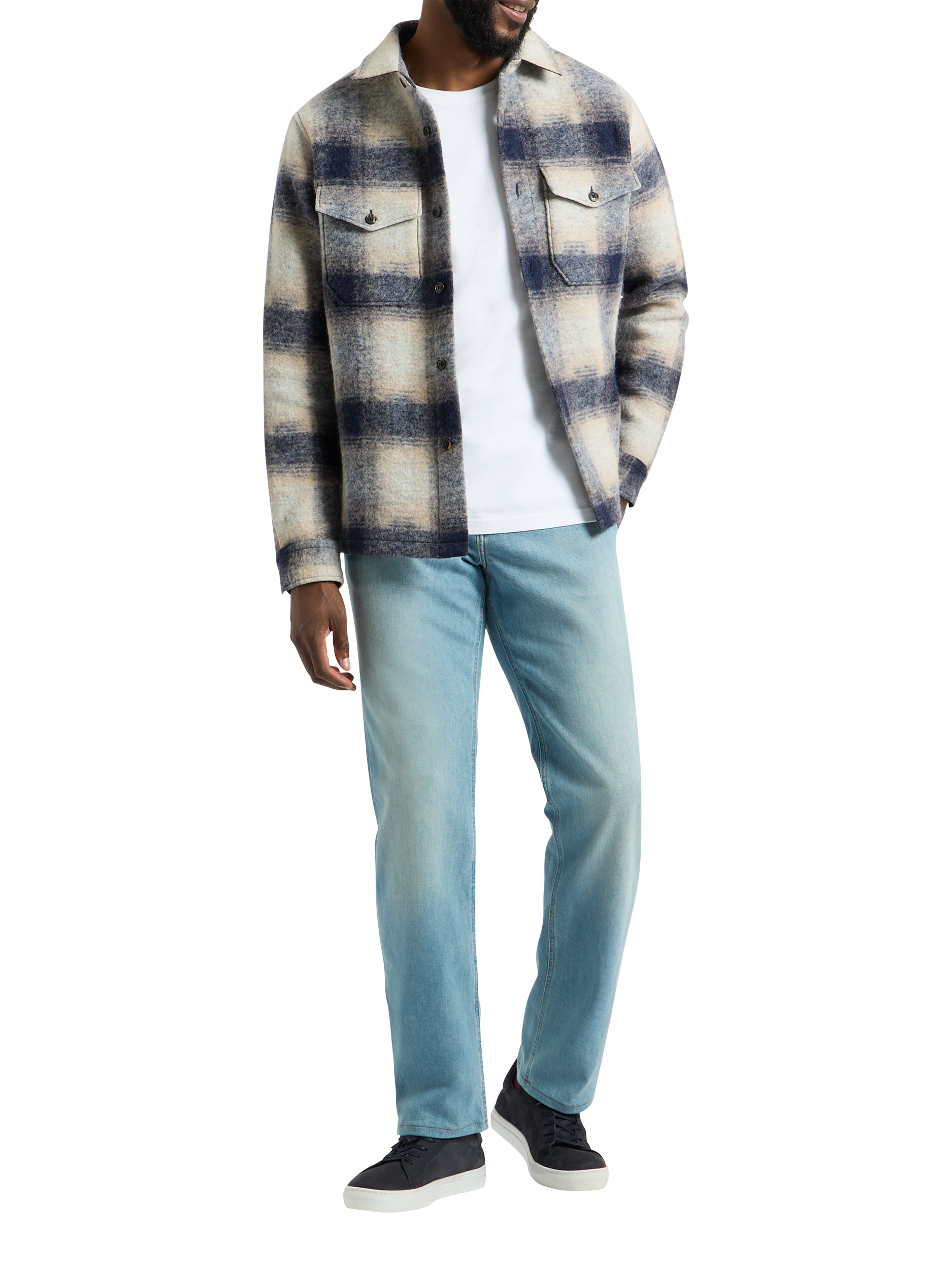 Product image 5 of 9, which shows SPOKE Wool Blend Straight Fit Check Overshirt, Navy Check, S Reg