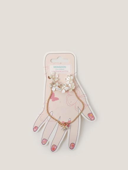 Monsoon Pearl Flower Ring & Hand Chain - view 2, Ivory