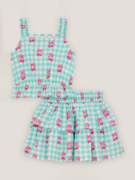 Monsoon Kids' Gingham Cherry Top and Skirt Set, Green - view 2, Green
