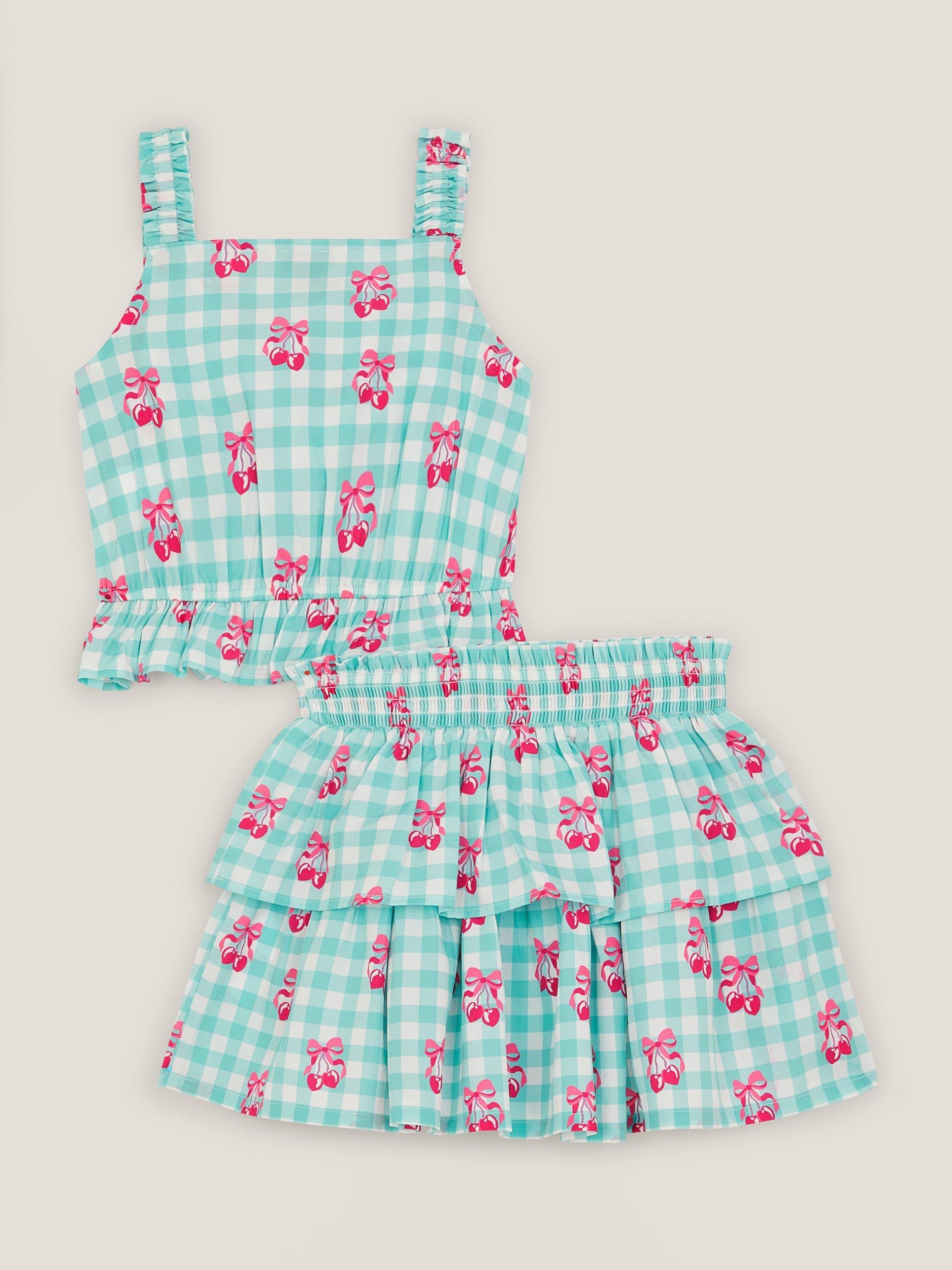 Product image 3 of 4, which shows Monsoon Kids' Gingham Cherry Top and Skirt Set, Green, 3-4 years
