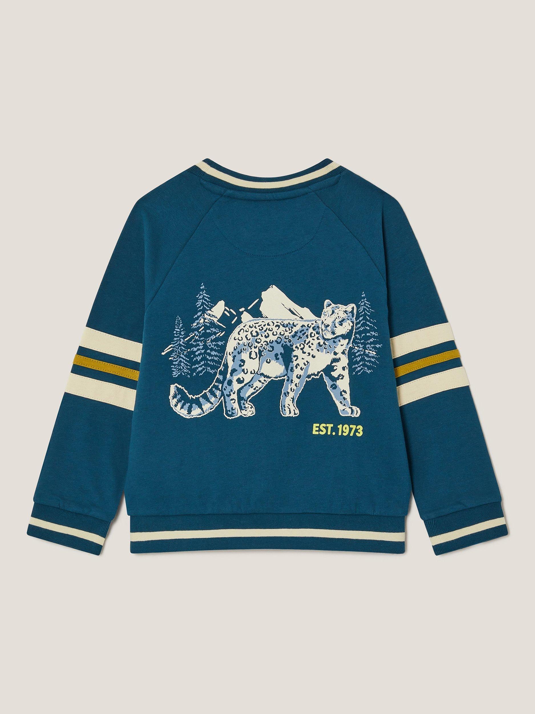 Product image 2 of 3, which shows Monsoon Kids' Snow Leopard Sweatshirt, Blue, 2-3 years