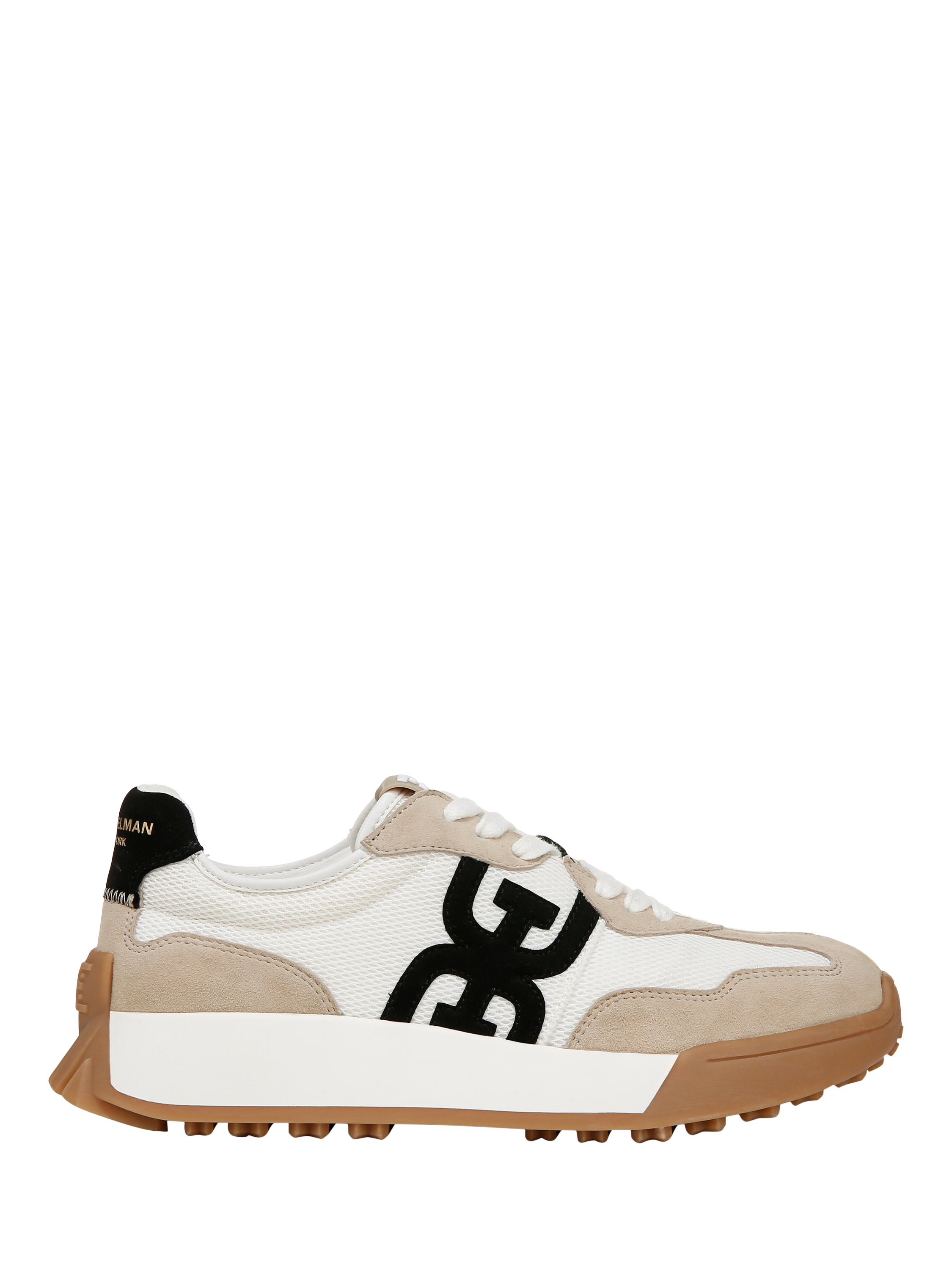 Product image 1 of 6, which shows Sam Edelman Langley Suede Lace Up Trainers, White/Tan/Black, 3.5