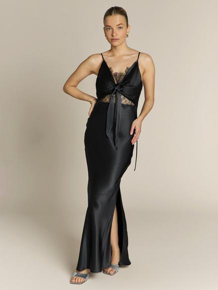 Rewritten Remi Lace Panel Satin Dress, Black