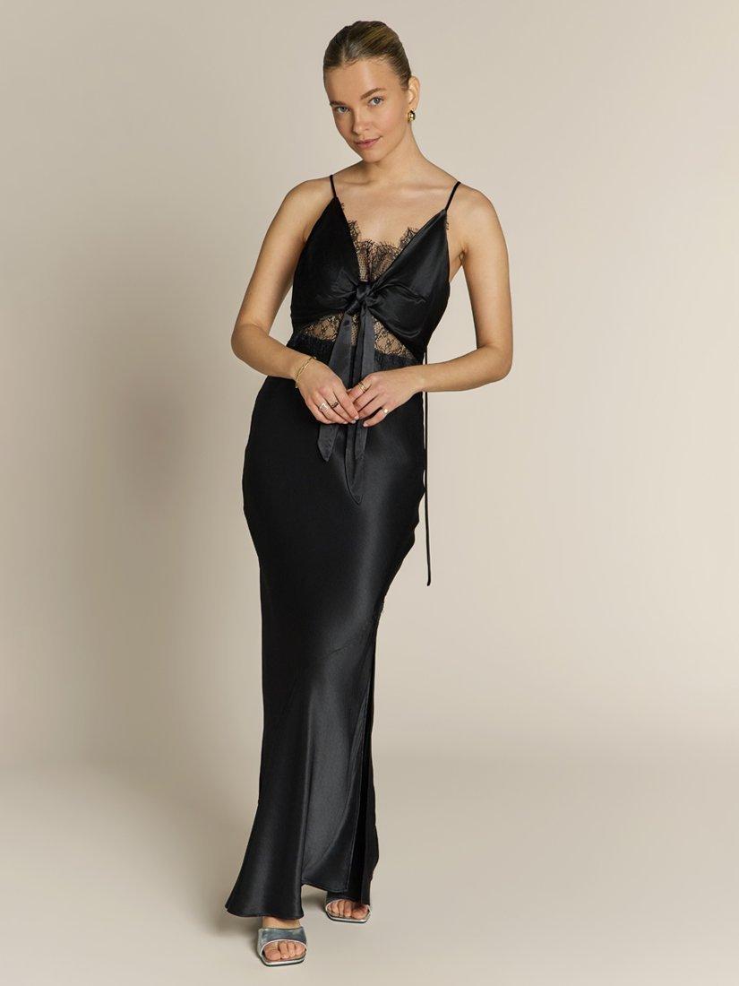 Product image 3 of 6, which shows Rewritten Remi Lace Panel Satin Dress, Black, 8