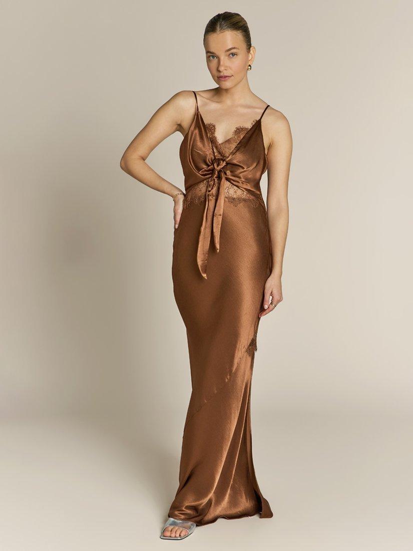 Product image 1 of 5, which shows Rewritten Remi Lace Panel Satin Dress, Chocolate Brown, 8