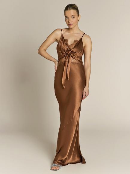 Rewritten Remi Lace Panel Satin Dress, Chocolate Brown