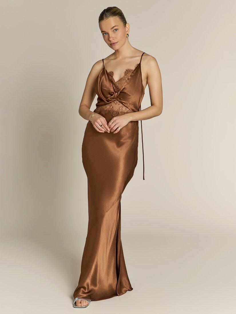 Product image 2 of 5, which shows Rewritten Remi Lace Panel Satin Dress, Chocolate Brown, 8