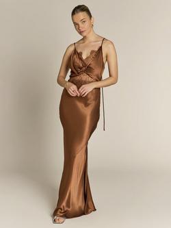 Rewritten Remi Lace Panel Satin Dress - view 2, Chocolate Brown