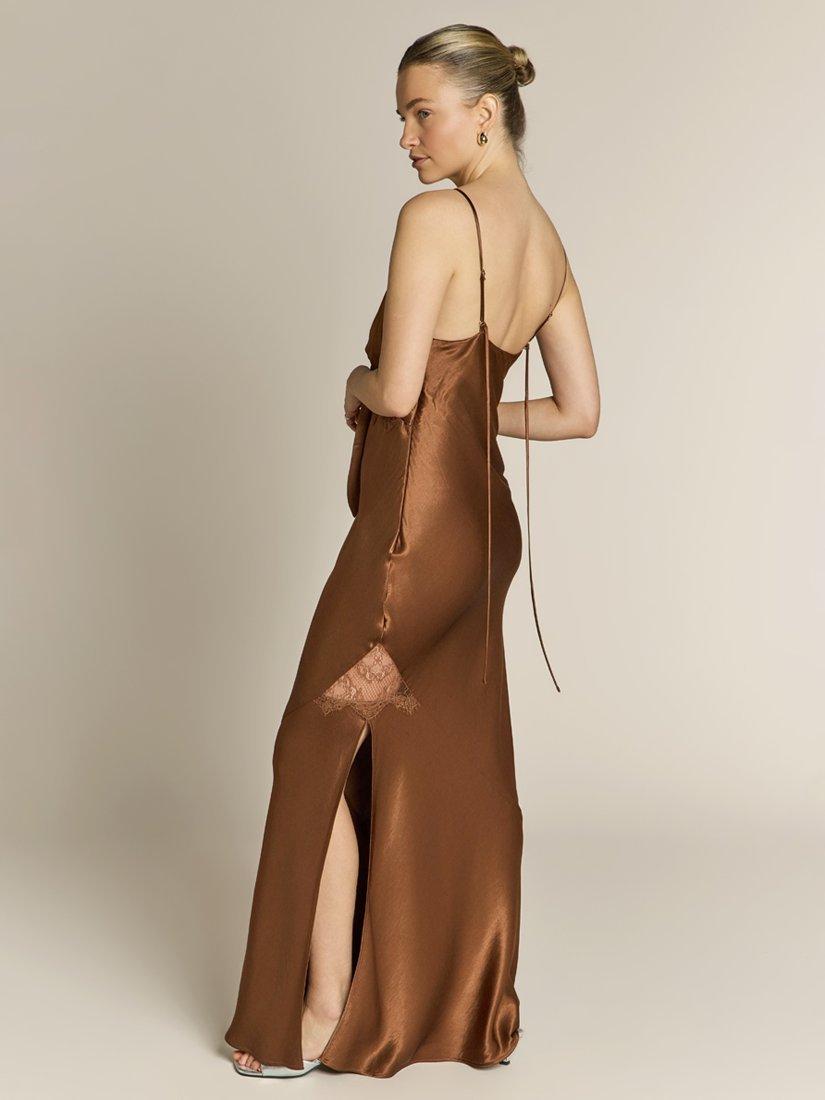 Product image 4 of 5, which shows Rewritten Remi Lace Panel Satin Dress, Chocolate Brown, 8