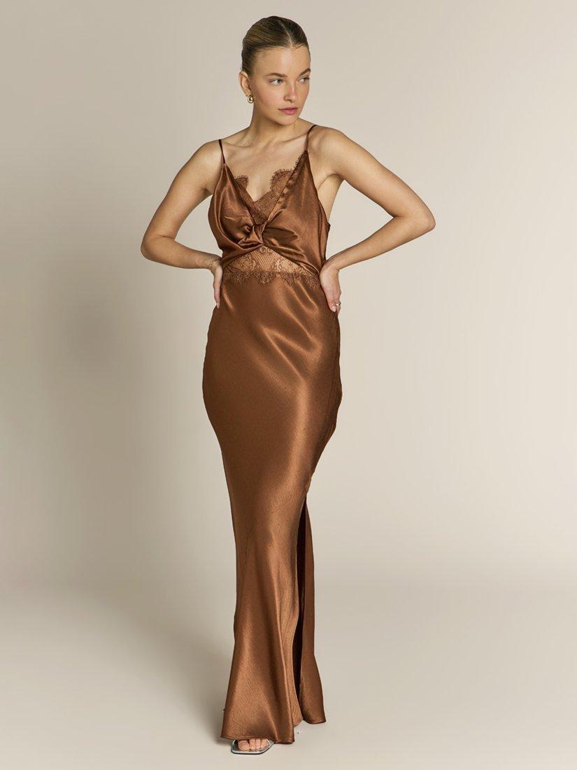 Product image 5 of 5, which shows Rewritten Remi Lace Panel Satin Dress, Chocolate Brown, 8