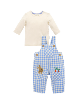 Purebaby Baby Easter Bunny Gingham Dungarees and Top Set, Pond Gingham, Pond Gingham