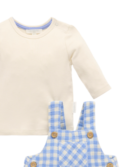 Purebaby Baby Easter Bunny Gingham Dungarees and Top Set, Pond Gingham - view 2, Pond Gingham