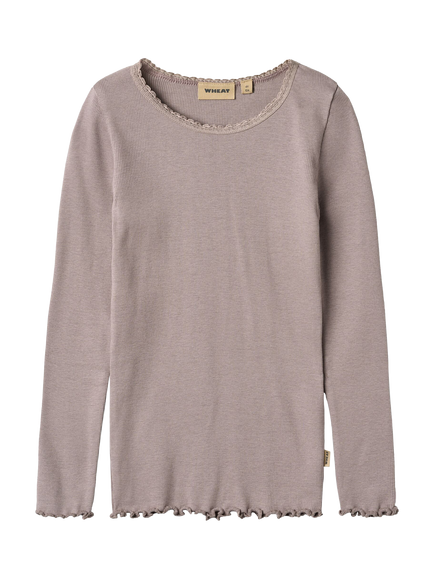 WHEAT Kids' Reese Ribbed Lace Detail T-Shirt, Dusty Purple