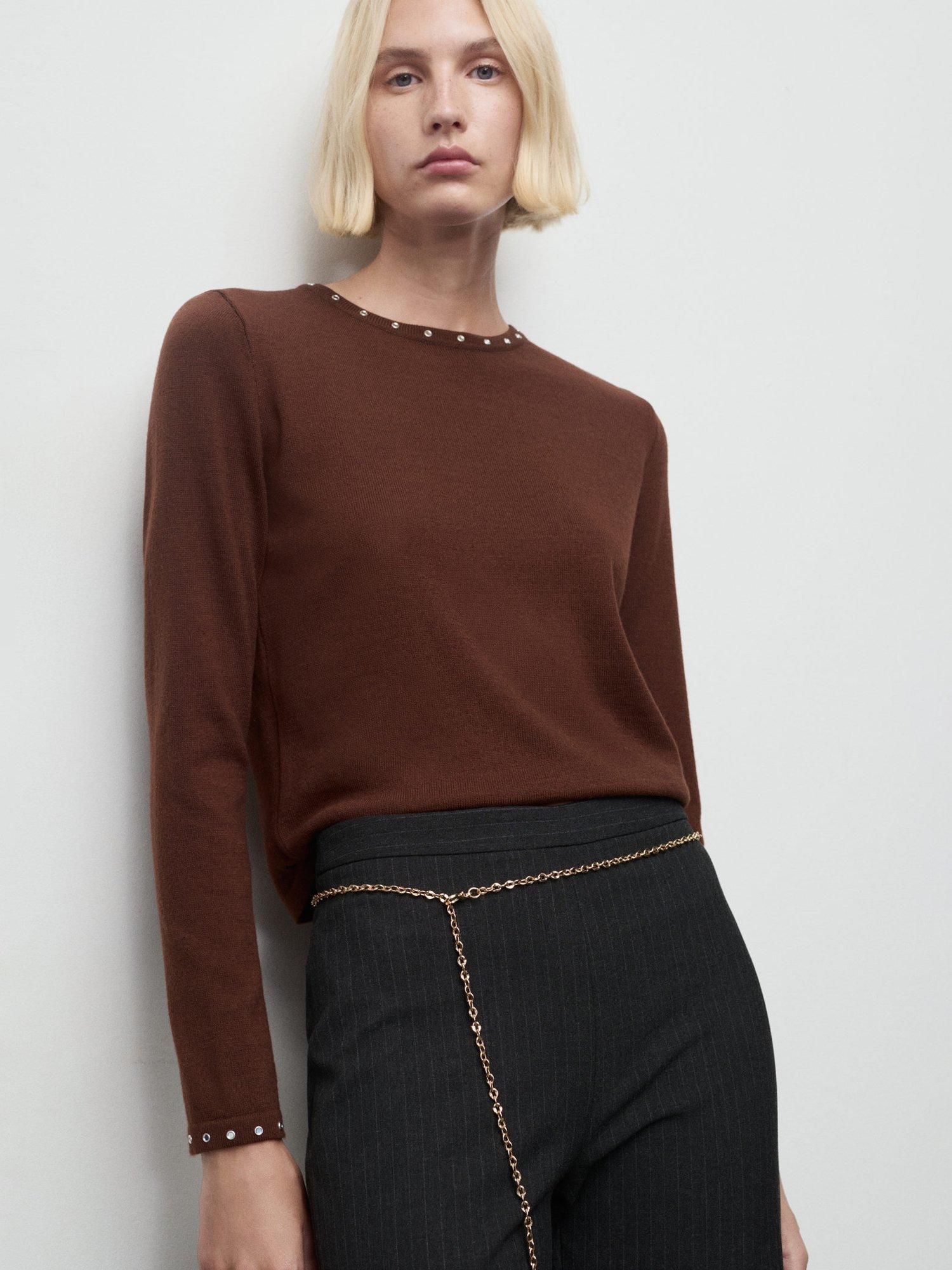 Product image 1 of 8, which shows Mango Studded Knit Jumper, Brown, M