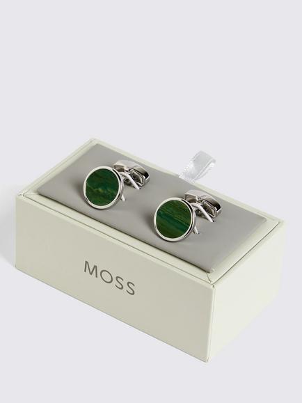 Moss Gemstone Round Cufflinks - view 2, Jade