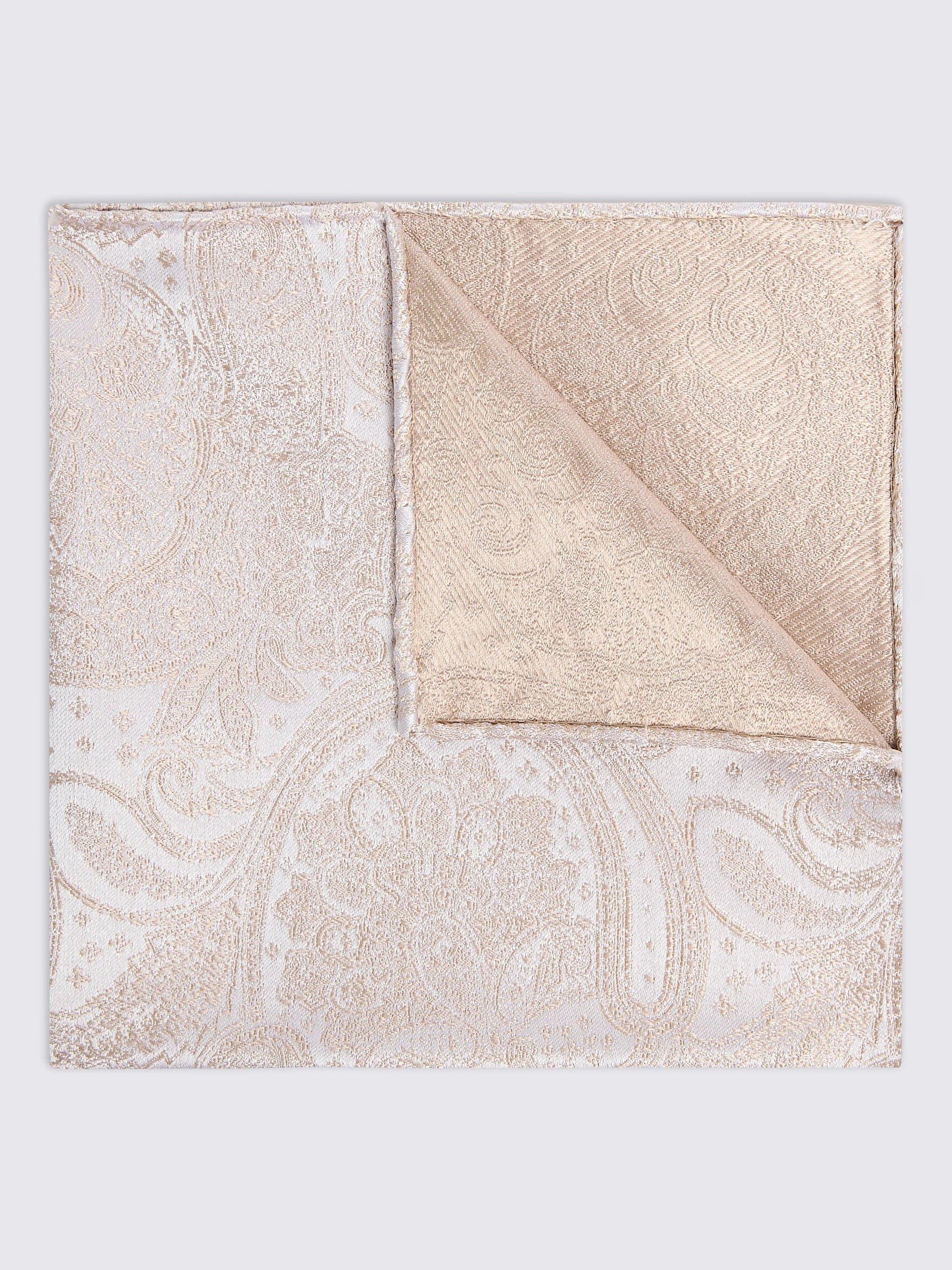 Product image 1 of 2, which shows Moss Paisley Silk Pocket Square, Champagne