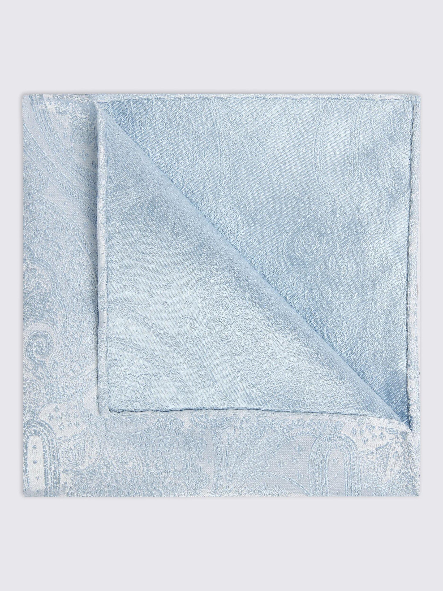 Product image 1 of 2, which shows Moss Silk Paisley Pocket Square, Sky